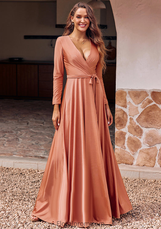 A-line V Neck Full/Long Sleeve Floor-Length Jersey Bridesmaid Dresses with Pleated Sashes Lorena HJP0025246