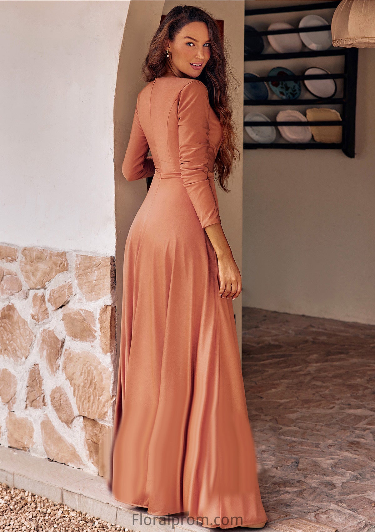 A-line V Neck Full/Long Sleeve Floor-Length Jersey Bridesmaid Dresses with Pleated Sashes Lorena HJP0025246