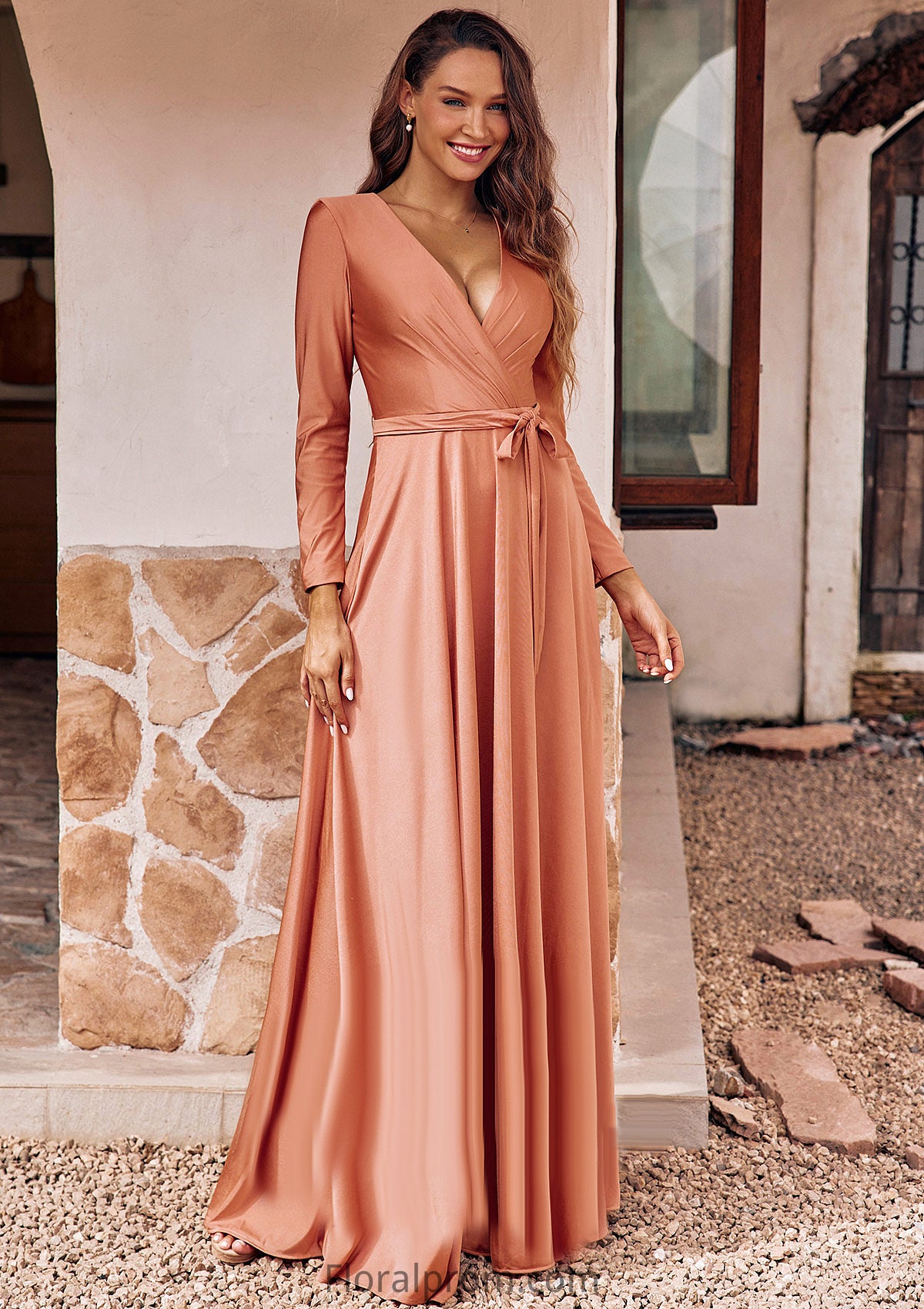 A-line V Neck Full/Long Sleeve Floor-Length Jersey Bridesmaid Dresses with Pleated Sashes Lorena HJP0025246