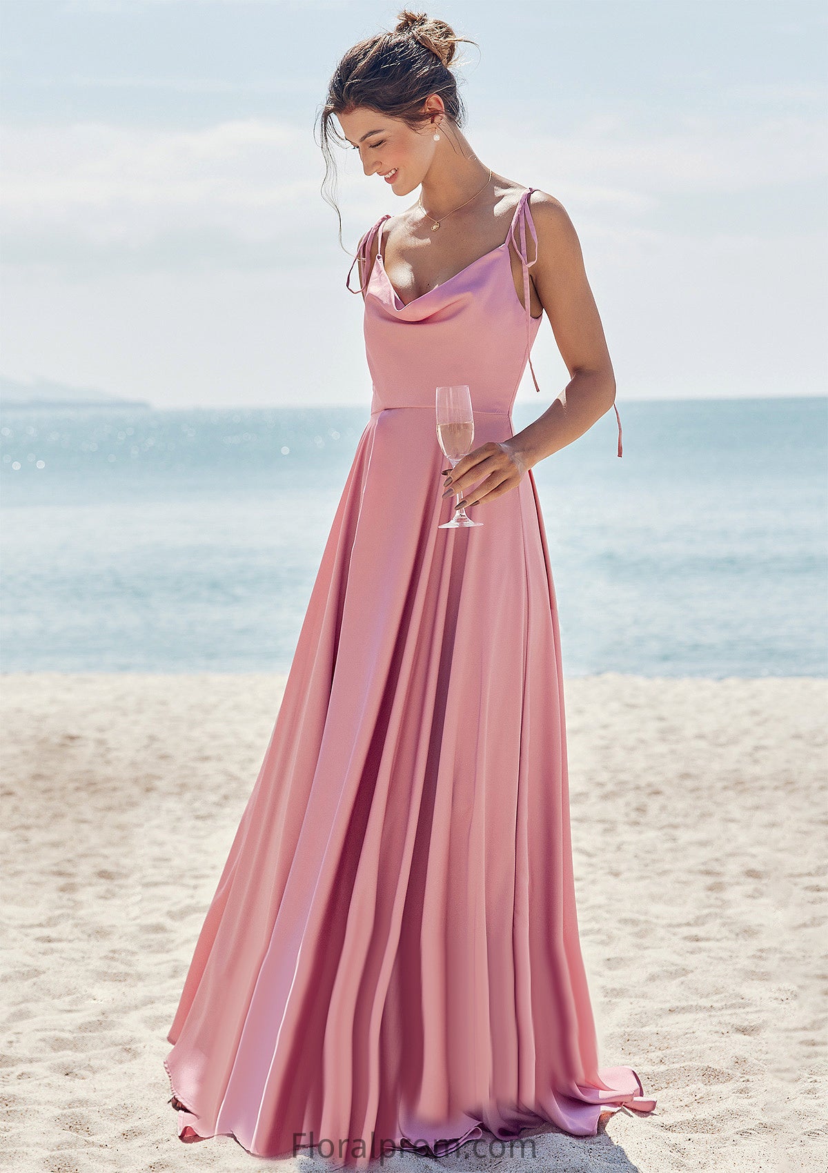 A-line V Neck Sleeveless Floor-Length Stretch Satin Bridesmaid Dresses with Split Payten HJP0025247