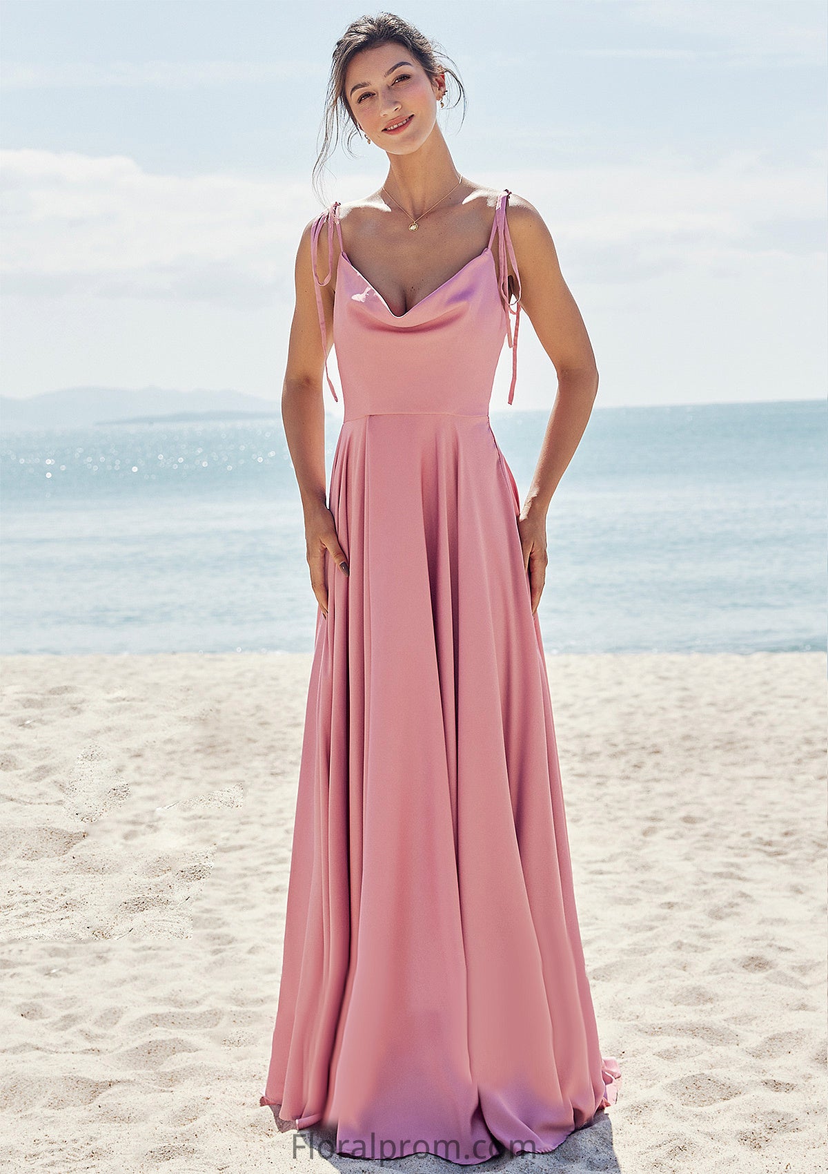 A-line V Neck Sleeveless Floor-Length Stretch Satin Bridesmaid Dresses with Split Payten HJP0025247