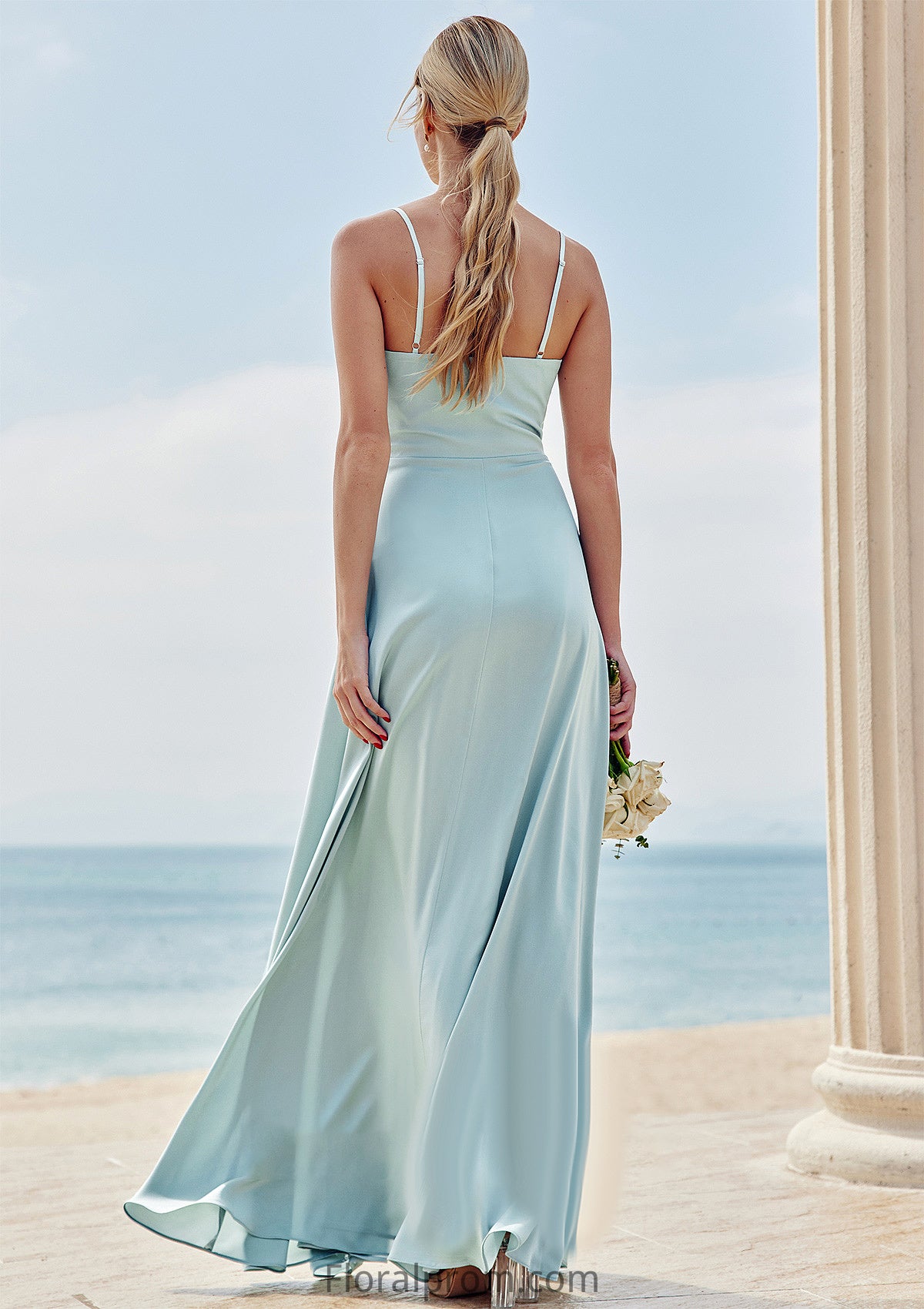 A-line Square Neckline Sleeveless Floor-Length Stretch Satin Bridesmaid Dresses with Split Zoe HJP0025248