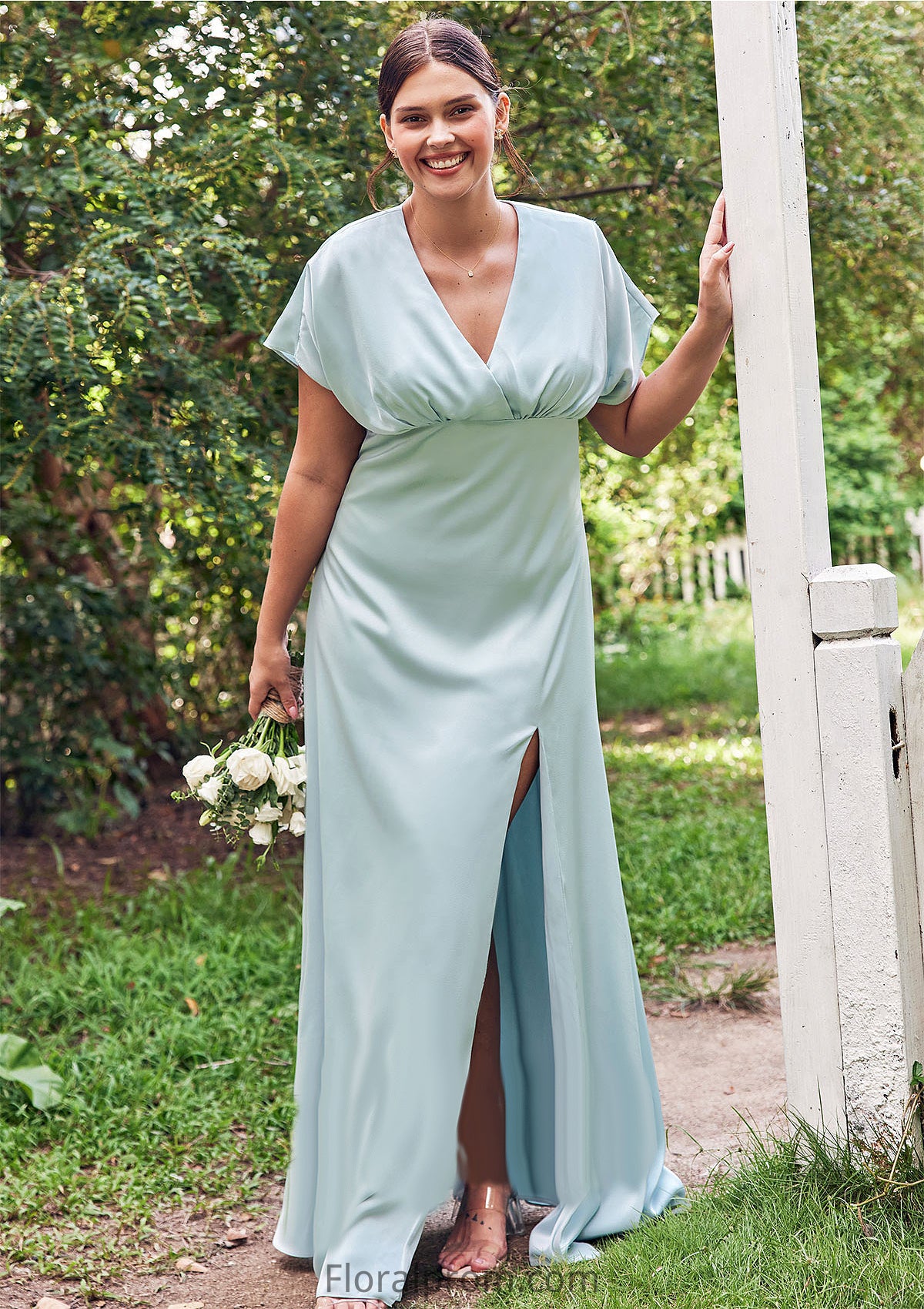 Empire V Neck Short Sleeve Floor-Length Stretch Satin Bridesmaid Dresses with Split Paloma HJP0025249