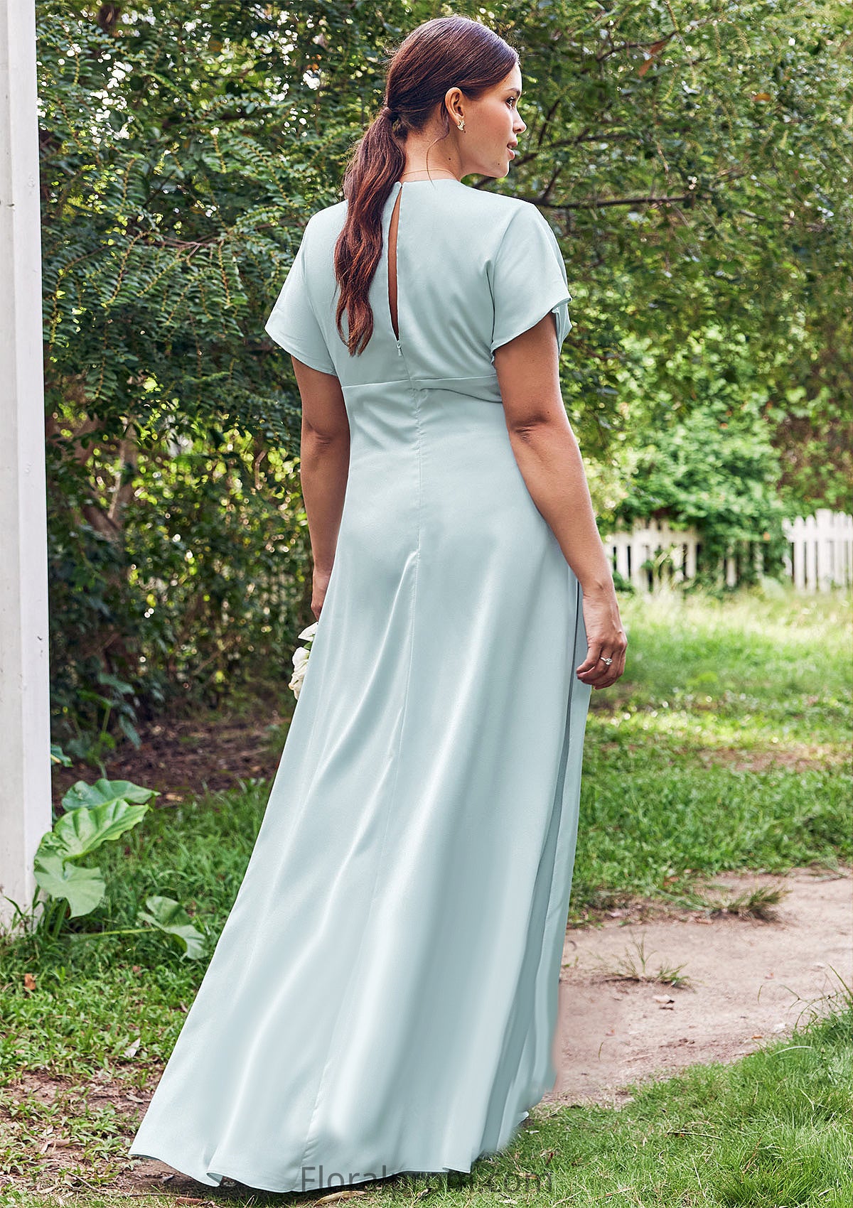 Empire V Neck Short Sleeve Floor-Length Stretch Satin Bridesmaid Dresses with Split Paloma HJP0025249