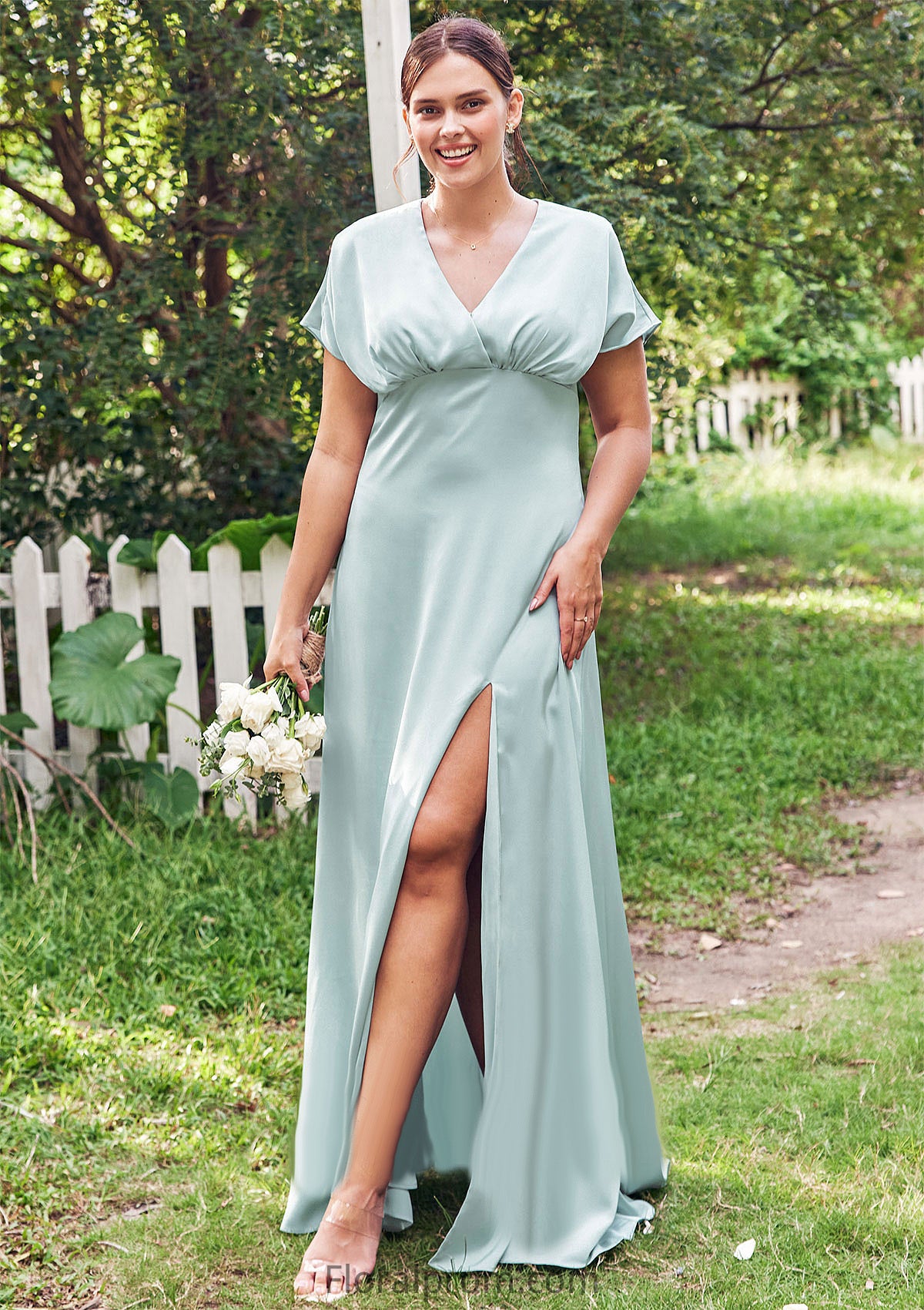 Empire V Neck Short Sleeve Floor-Length Stretch Satin Bridesmaid Dresses with Split Paloma HJP0025249