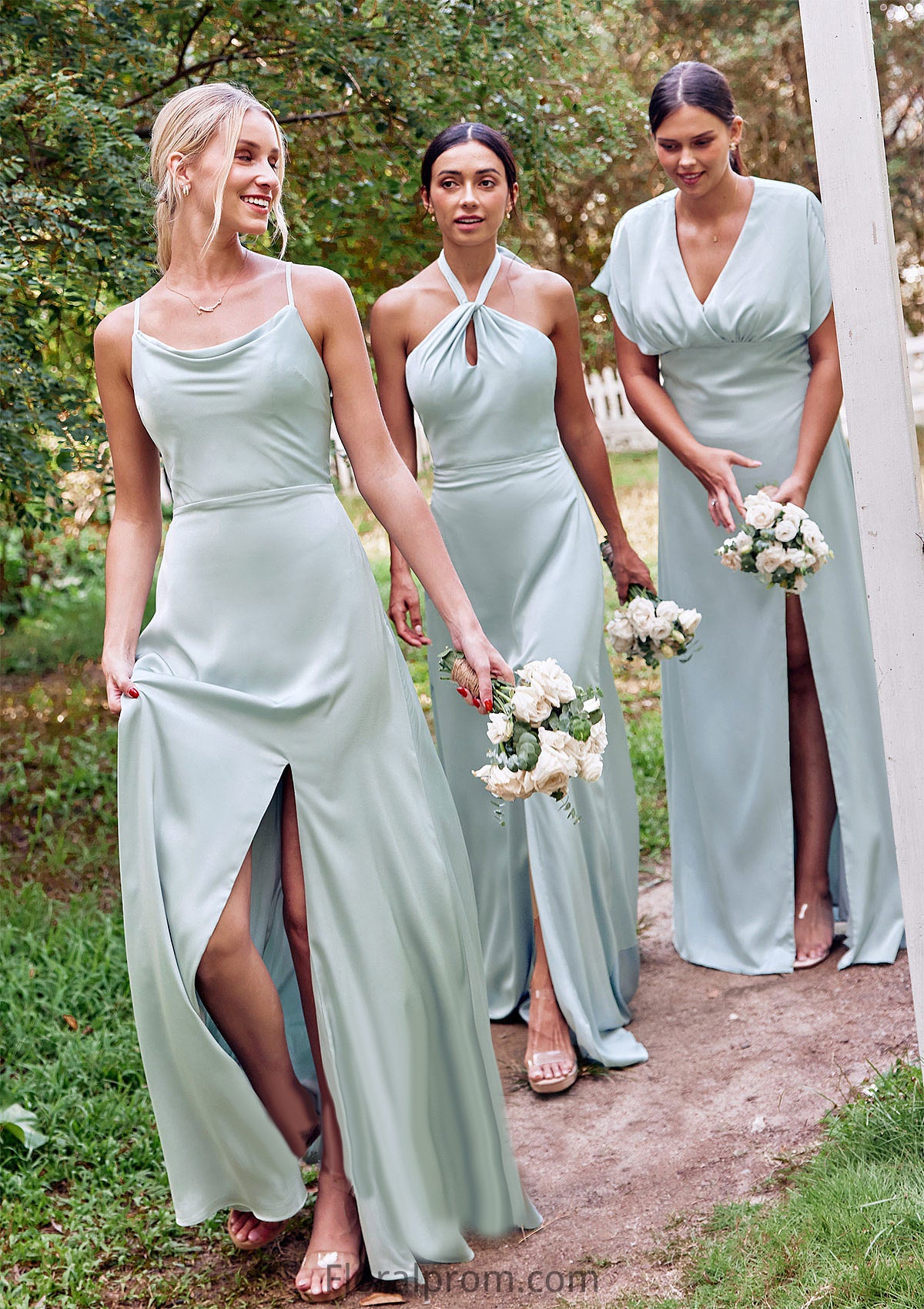 Empire V Neck Short Sleeve Floor-Length Stretch Satin Bridesmaid Dresses with Split Paloma HJP0025249