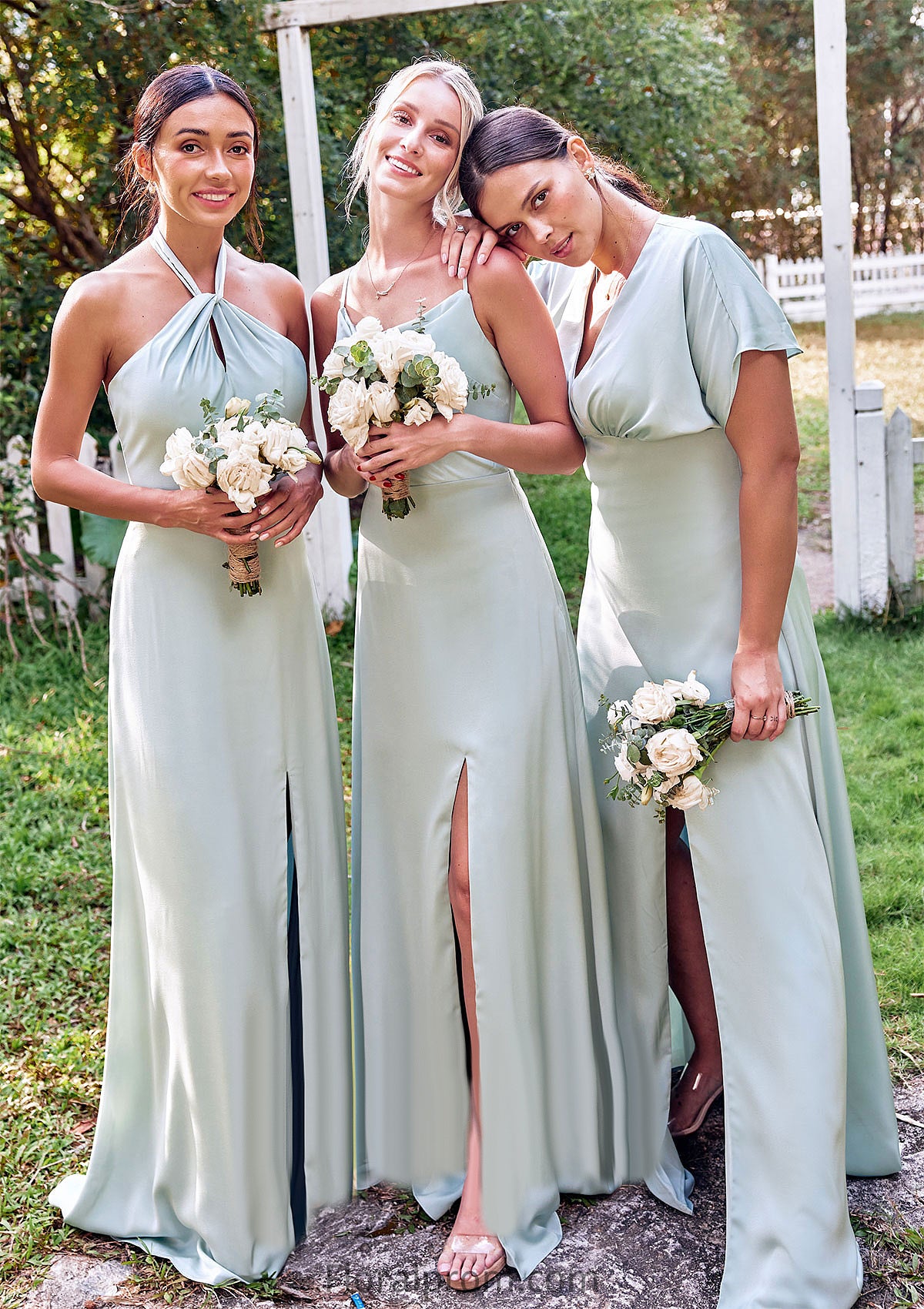 Empire V Neck Short Sleeve Floor-Length Stretch Satin Bridesmaid Dresses with Split Paloma HJP0025249