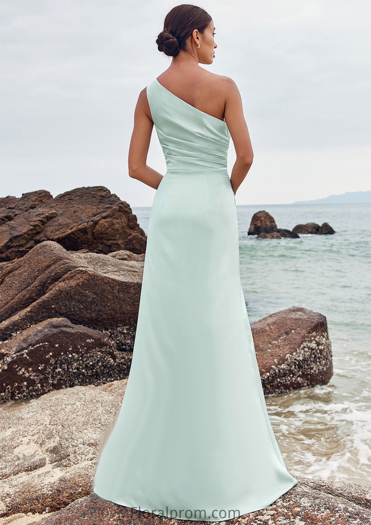 Sheath/Column One-Shoulder Sleeveless Floor-Length Stretch Satin Bridesmaid Dresses with Pleated Split Sharon HJP0025251