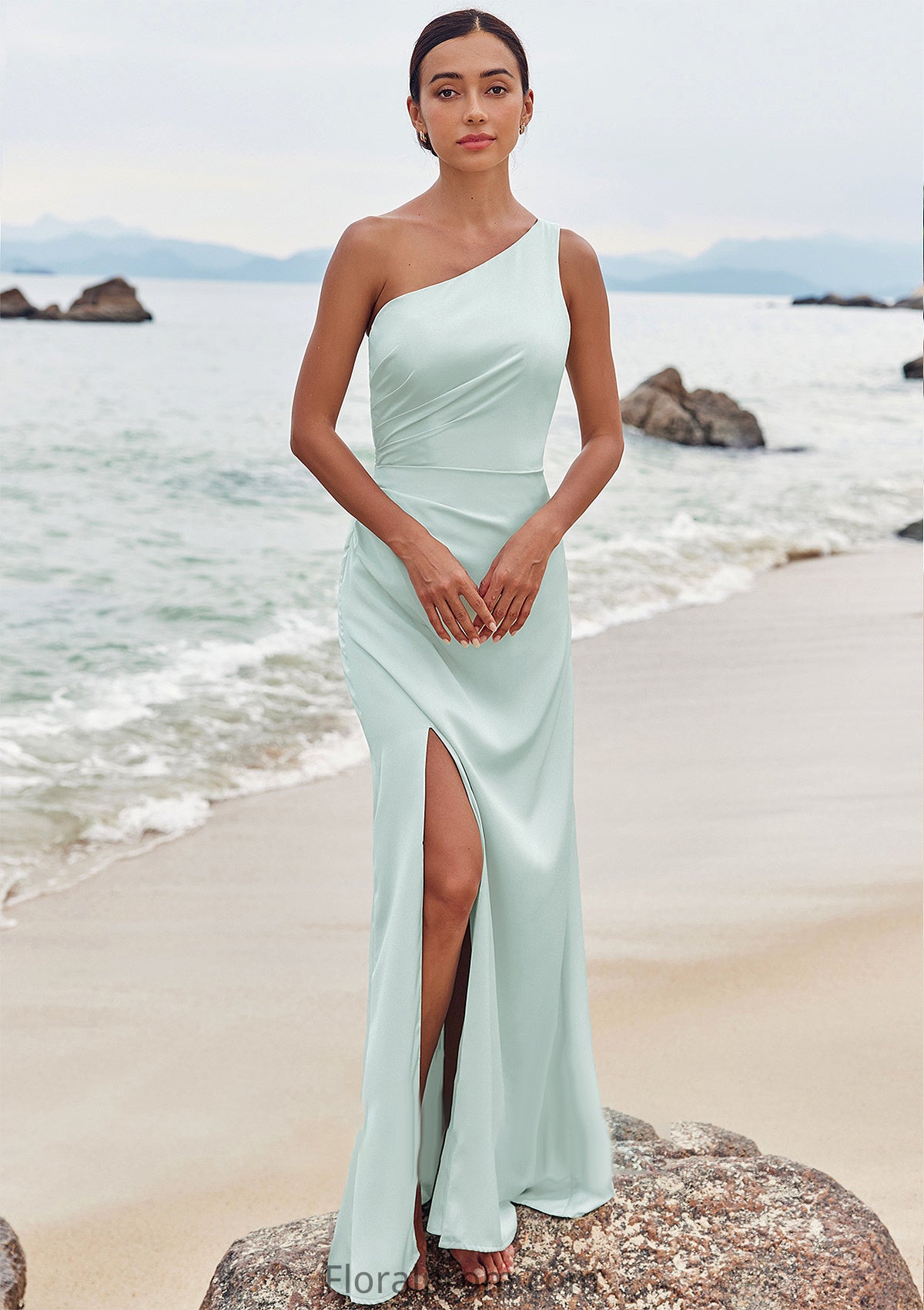 Sheath/Column One-Shoulder Sleeveless Floor-Length Stretch Satin Bridesmaid Dresses with Pleated Split Sharon HJP0025251