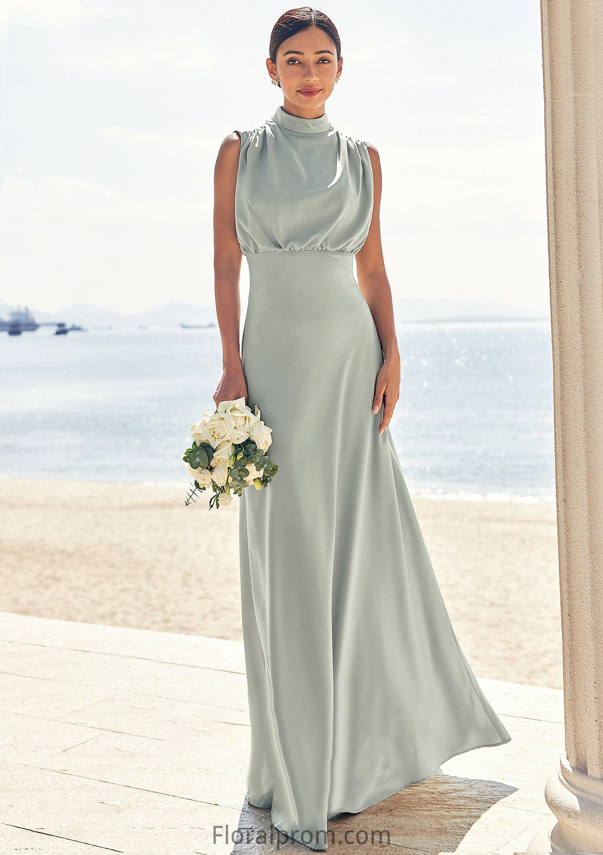 A-line High-Neck Sleeveless Floor-Length Stretch Satin Bridesmaid Dresses Kylie HJP0025252