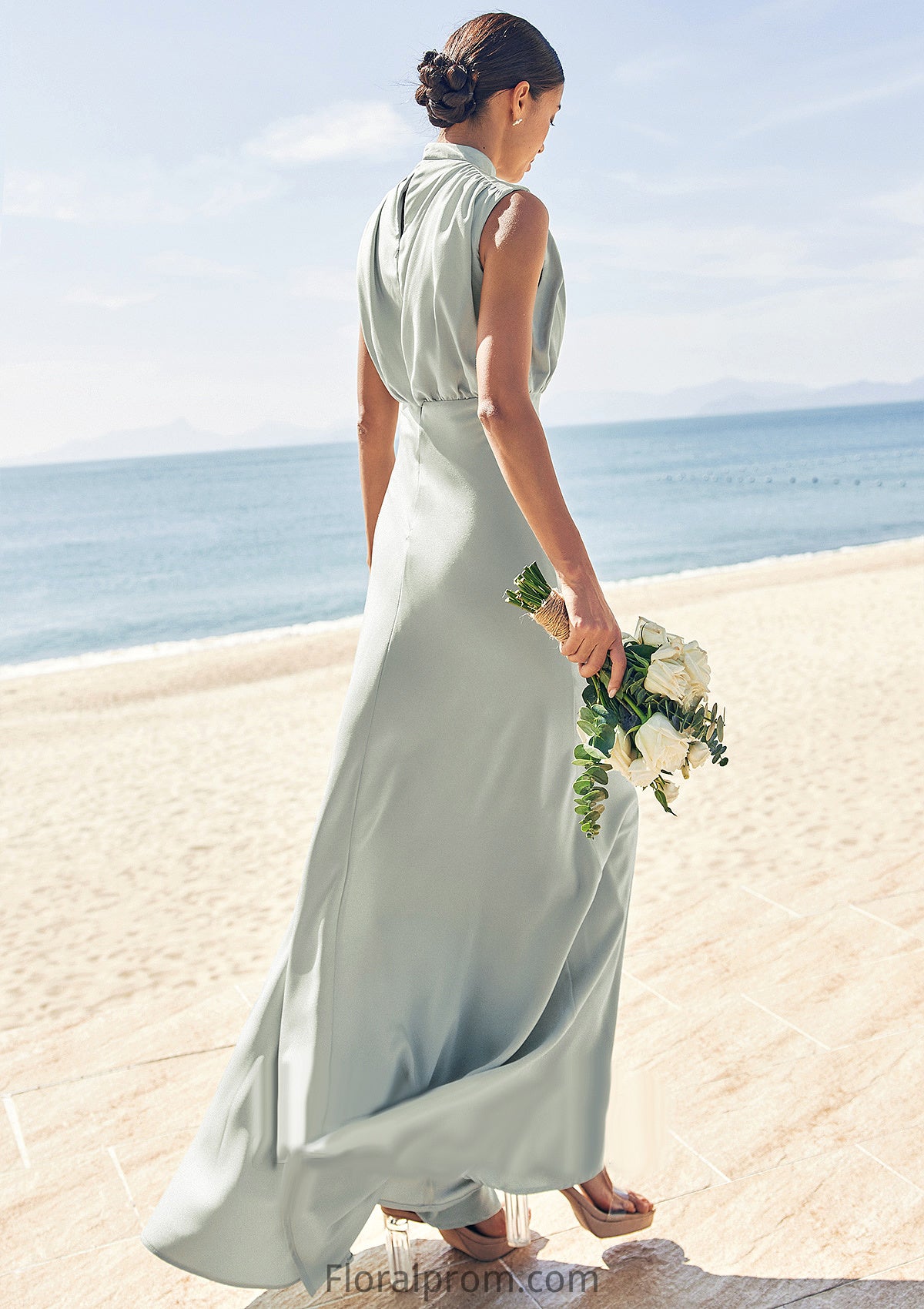 A-line High-Neck Sleeveless Floor-Length Stretch Satin Bridesmaid Dresses Kylie HJP0025252