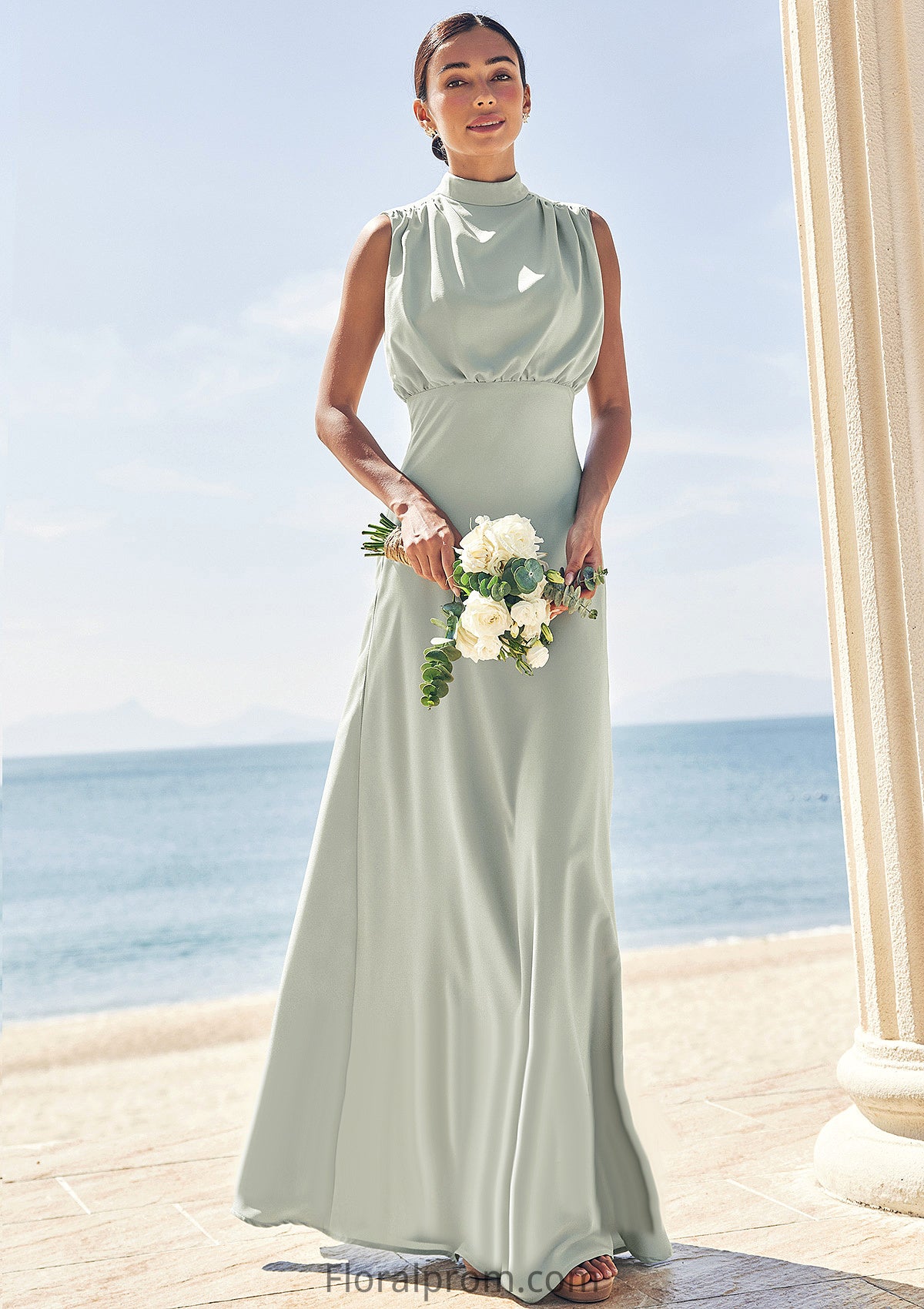 A-line High-Neck Sleeveless Floor-Length Stretch Satin Bridesmaid Dresses Kylie HJP0025252