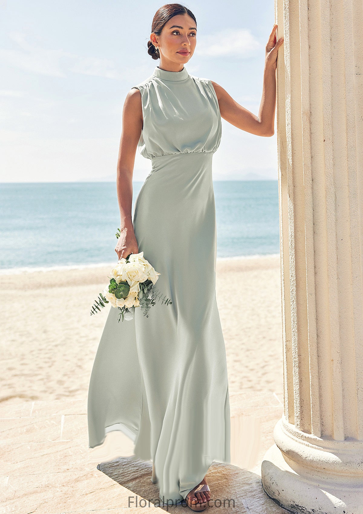 A-line High-Neck Sleeveless Floor-Length Stretch Satin Bridesmaid Dresses Kylie HJP0025252