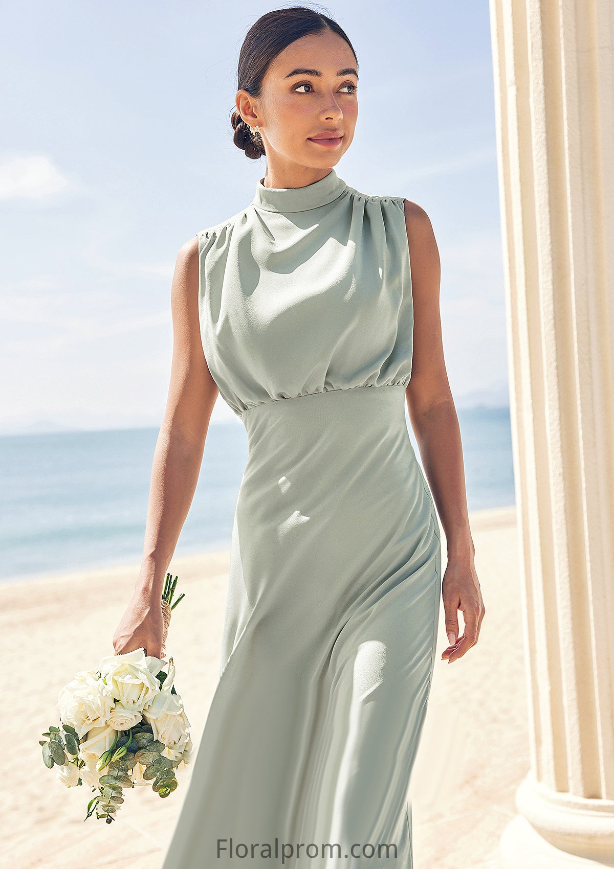 A-line High-Neck Sleeveless Floor-Length Stretch Satin Bridesmaid Dresses Kylie HJP0025252