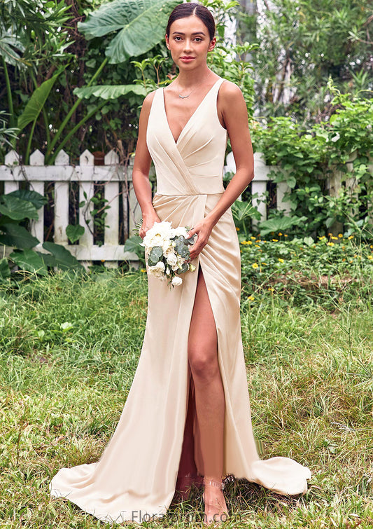 Trumpet/Mermaid V Neck Sleeveless Floor-Length Stretch Satin Bridesmaid Dresses with Pleated Split Lauryn HJP0025255