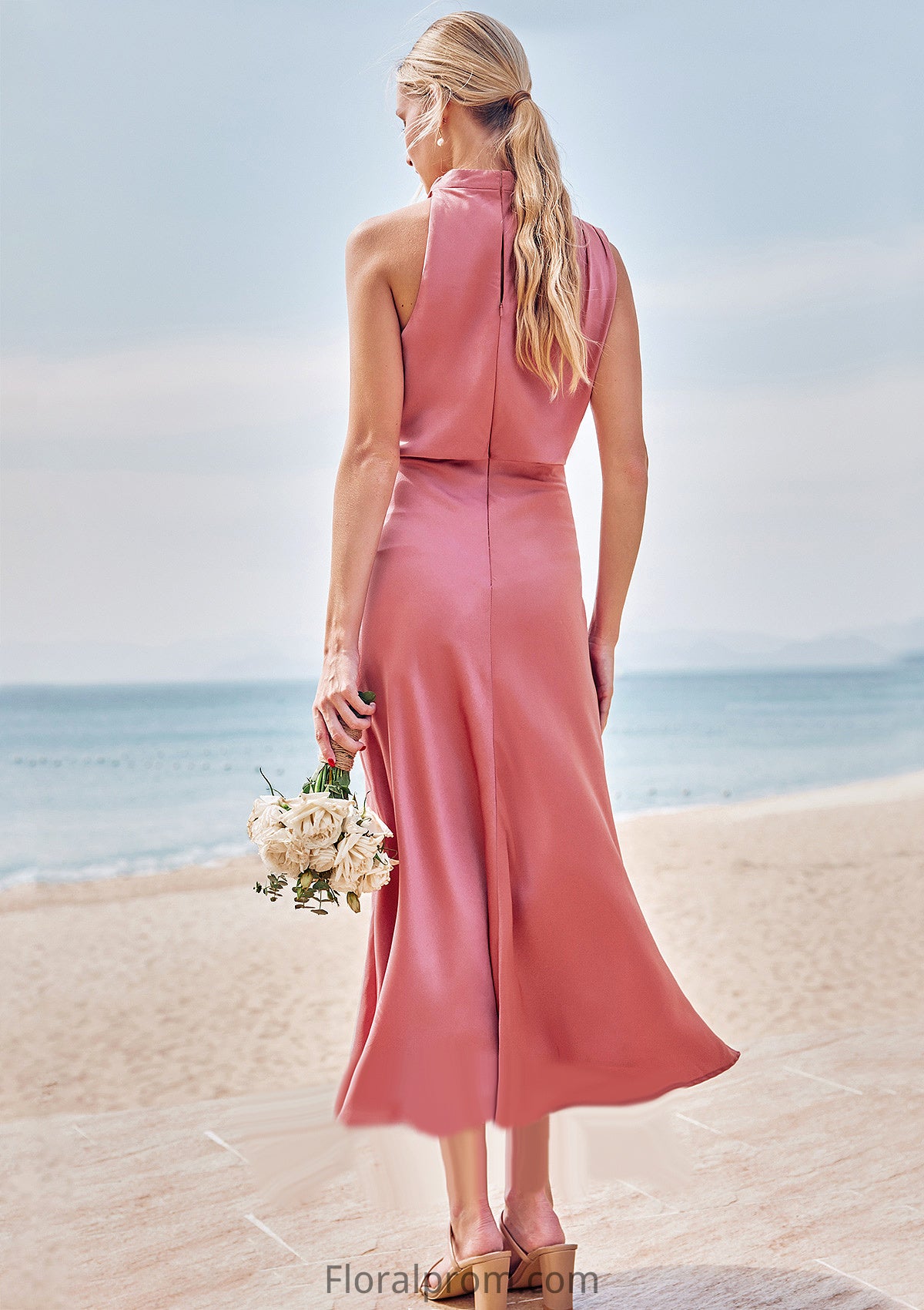 Sheath/Column High-Neck Sleeveless Tea-Length Stretch Satin Bridesmaid Dresses with Pleated Alexis HJP0025257