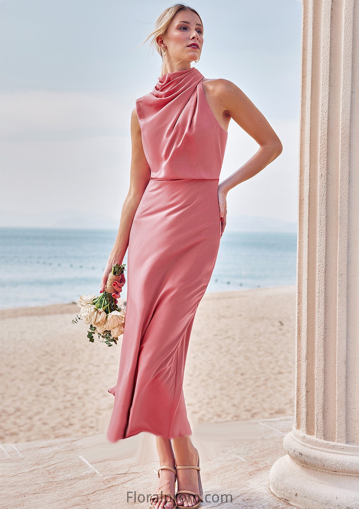 Sheath/Column High-Neck Sleeveless Tea-Length Stretch Satin Bridesmaid Dresses with Pleated Alexis HJP0025257