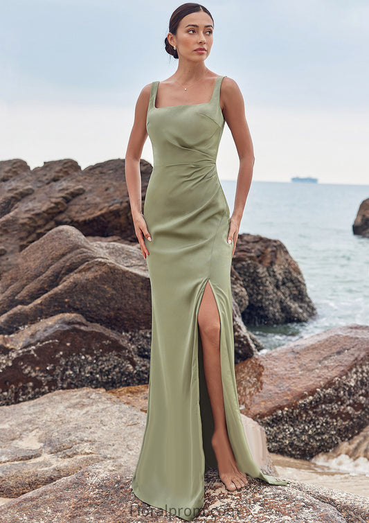 Sheath/Column Square Neckline Sleeveless Floor-Length Stretch Satin Bridesmaid Dresses with Pleated Split Serenity HJP0025258