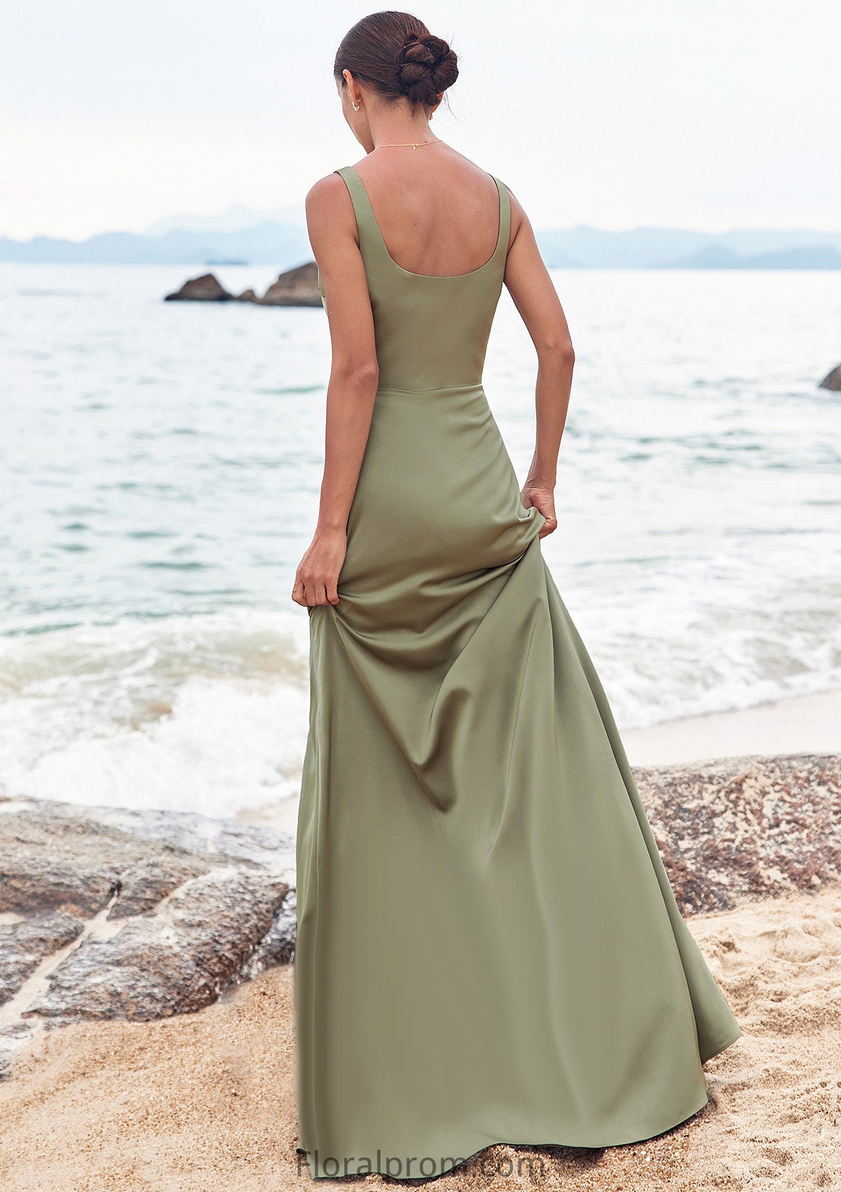 Sheath/Column Square Neckline Sleeveless Floor-Length Stretch Satin Bridesmaid Dresses with Pleated Split Serenity HJP0025258