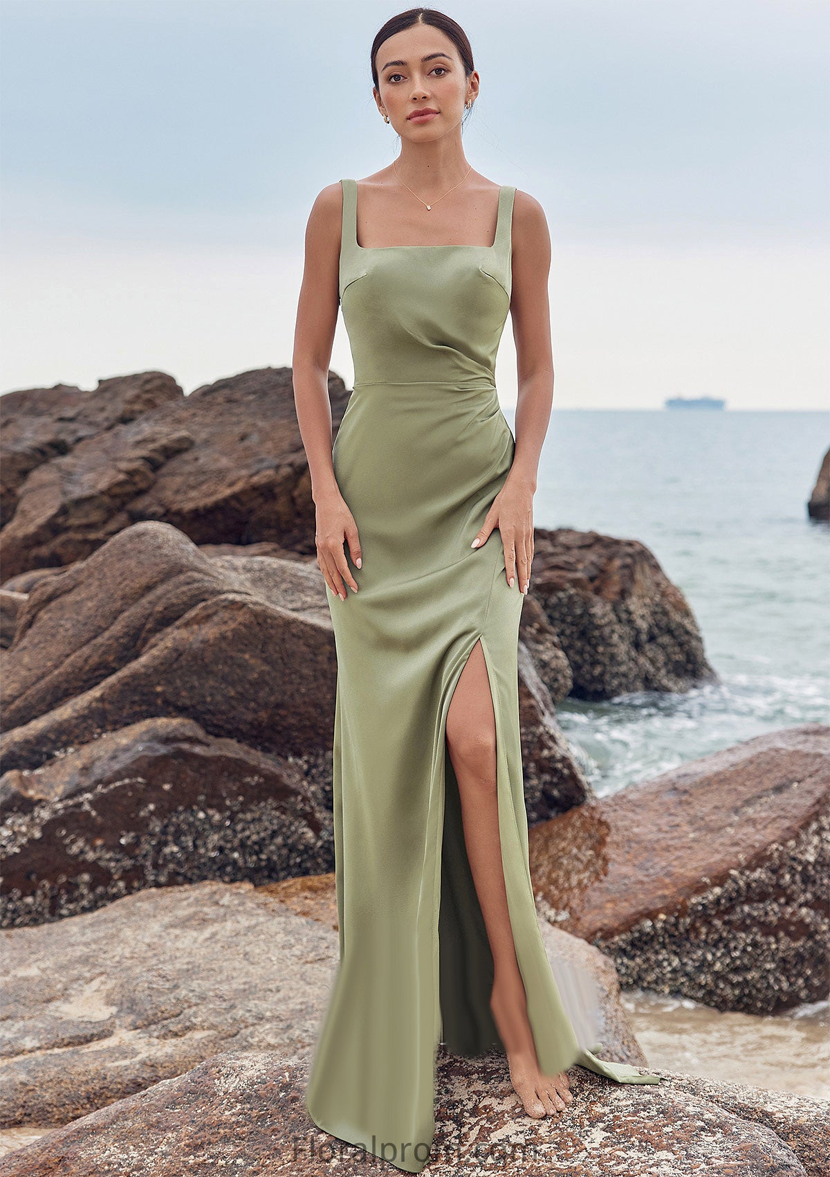 Sheath/Column Square Neckline Sleeveless Floor-Length Stretch Satin Bridesmaid Dresses with Pleated Split Serenity HJP0025258