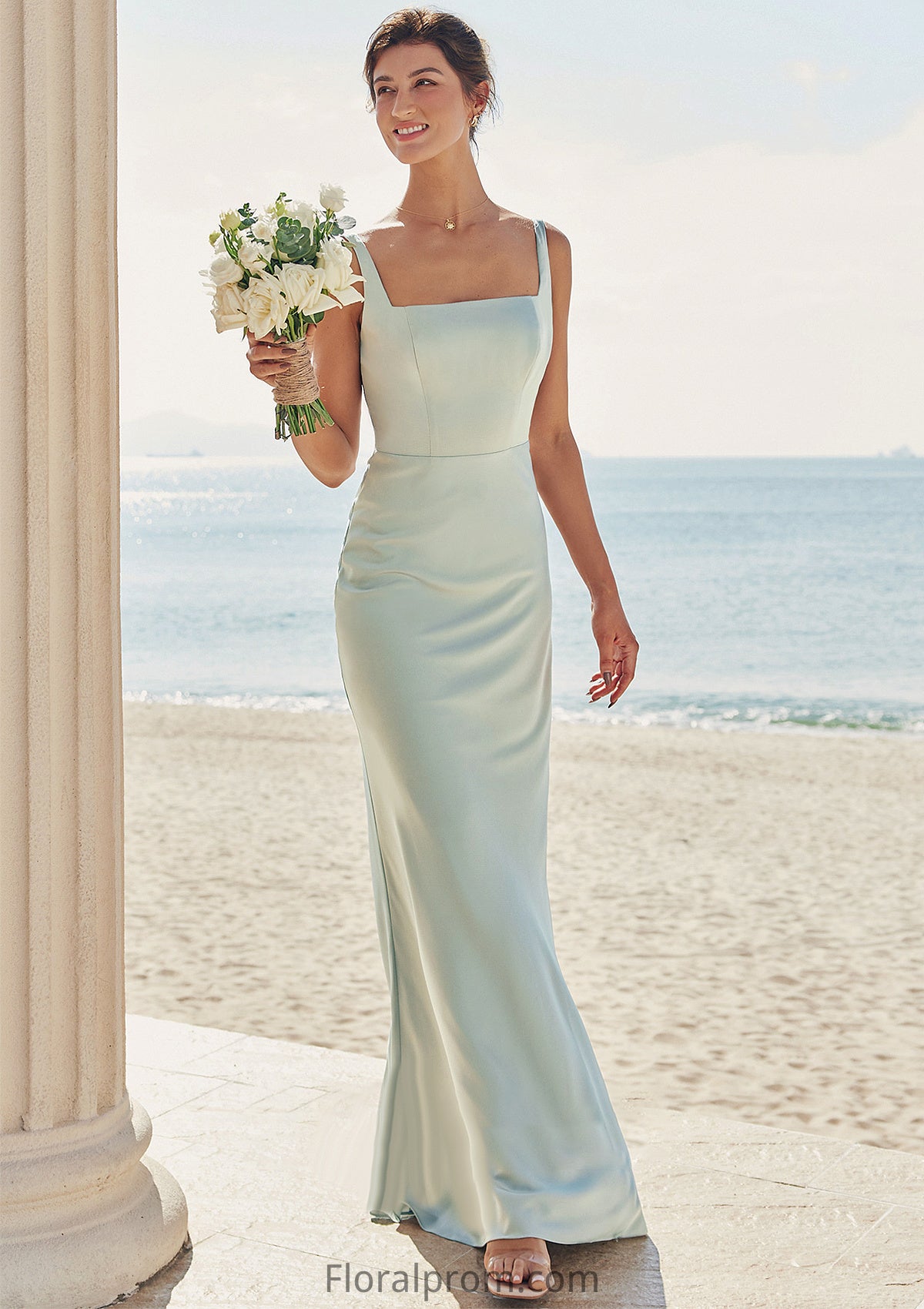 Sheath/Column Square Neckline Sleeveless Floor-Length Stretch Satin Bridesmaid Dresses Elisabeth HJP0025262