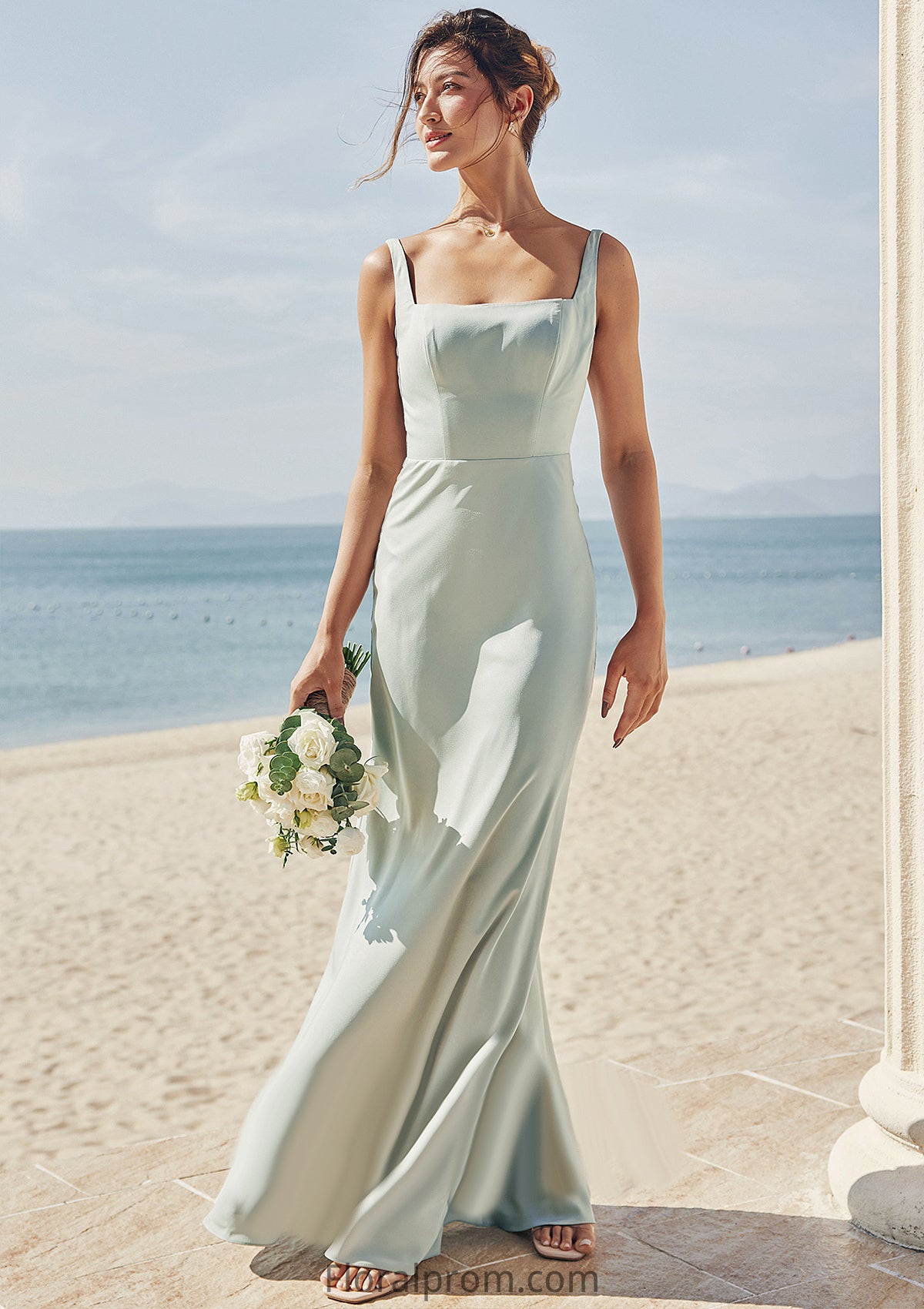 Sheath/Column Square Neckline Sleeveless Floor-Length Stretch Satin Bridesmaid Dresses Elisabeth HJP0025262