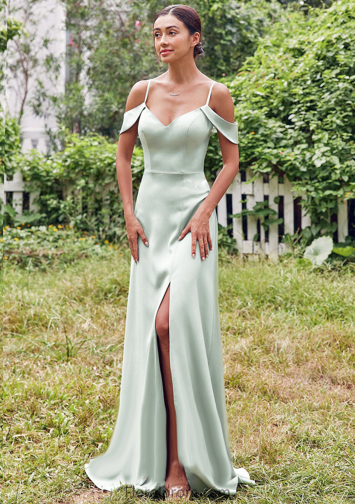 A-line V Neck Sleeveless Floor-Length Stretch Satin Bridesmaid Dresses with Split Jillian HJP0025263