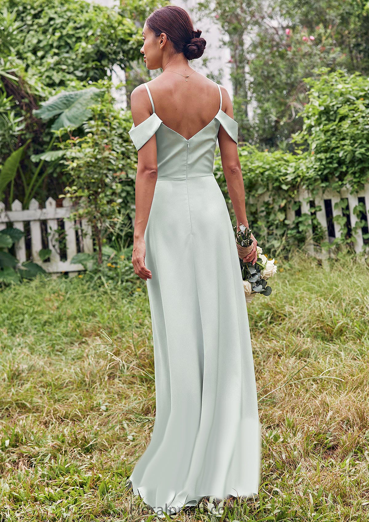 A-line V Neck Sleeveless Floor-Length Stretch Satin Bridesmaid Dresses with Split Jillian HJP0025263