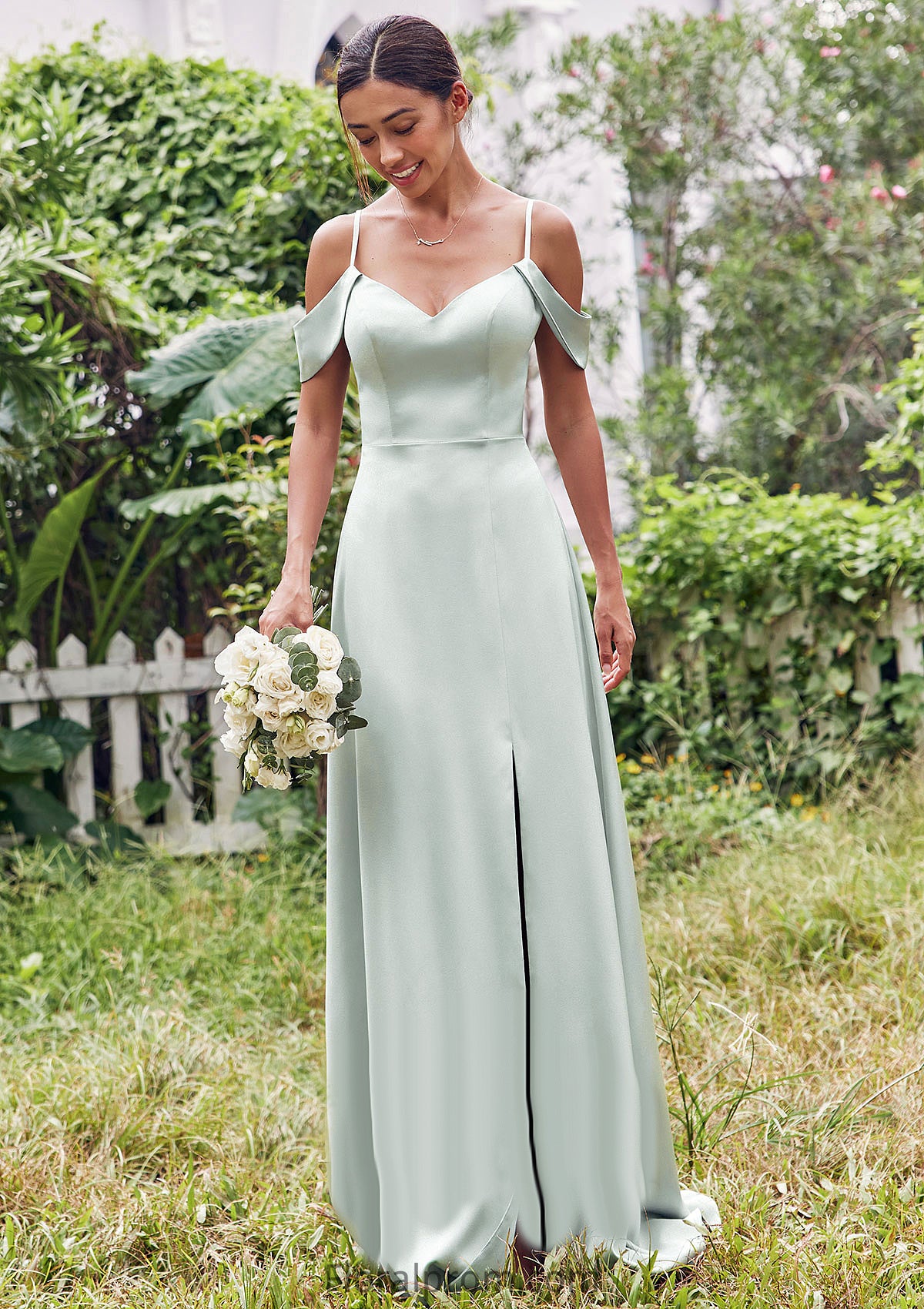 A-line V Neck Sleeveless Floor-Length Stretch Satin Bridesmaid Dresses with Split Jillian HJP0025263