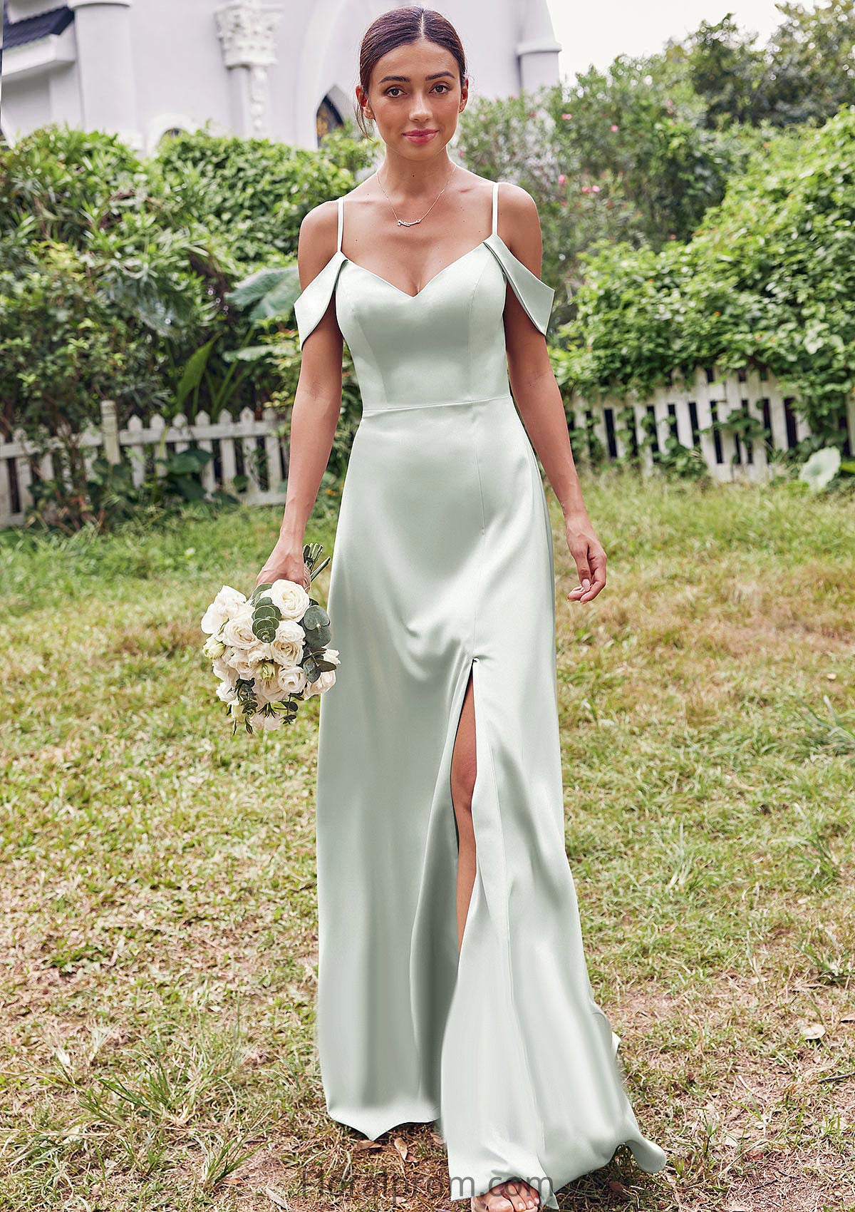 A-line V Neck Sleeveless Floor-Length Stretch Satin Bridesmaid Dresses with Split Jillian HJP0025263