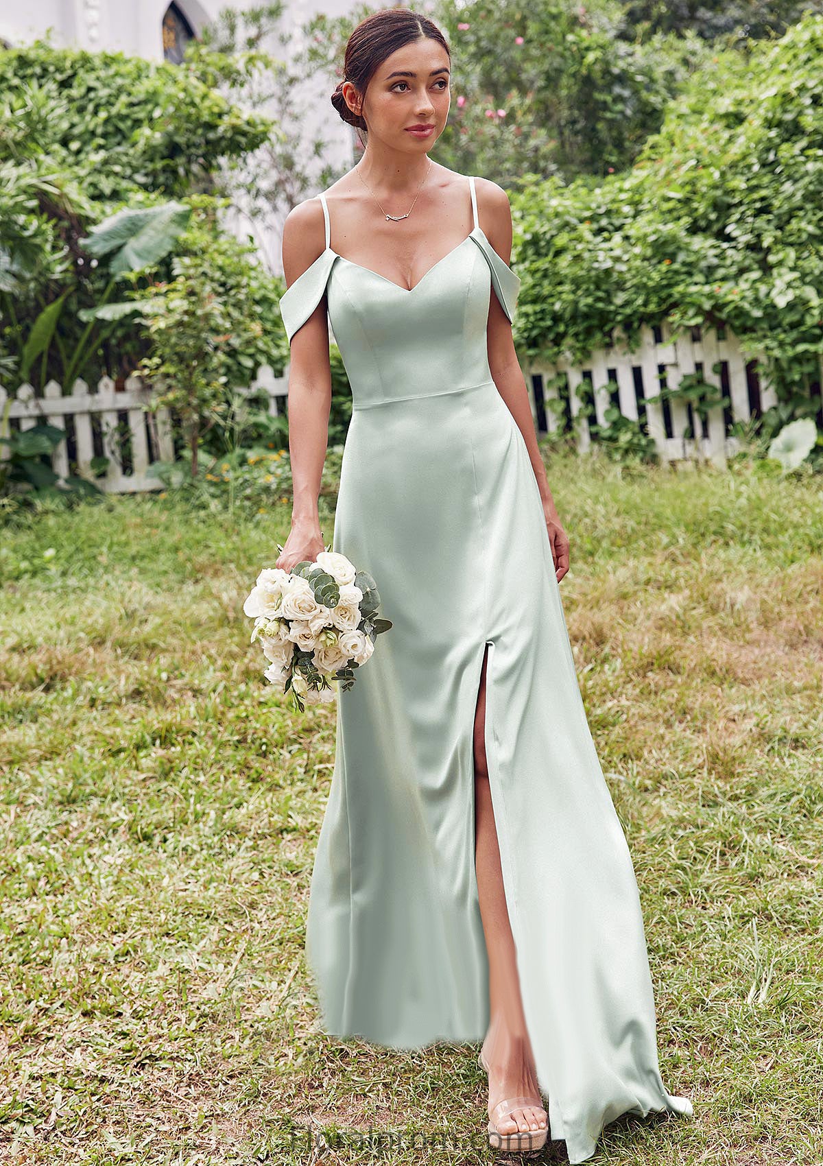 A-line V Neck Sleeveless Floor-Length Stretch Satin Bridesmaid Dresses with Split Jillian HJP0025263