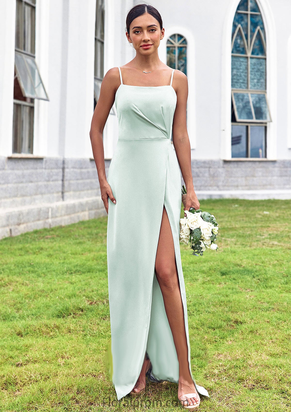 Sheath/Column Square Neckline Sleeveless Floor-Length Stretch Satin Bridesmaid Dresses with Pleated Split Marianna HJP0025264