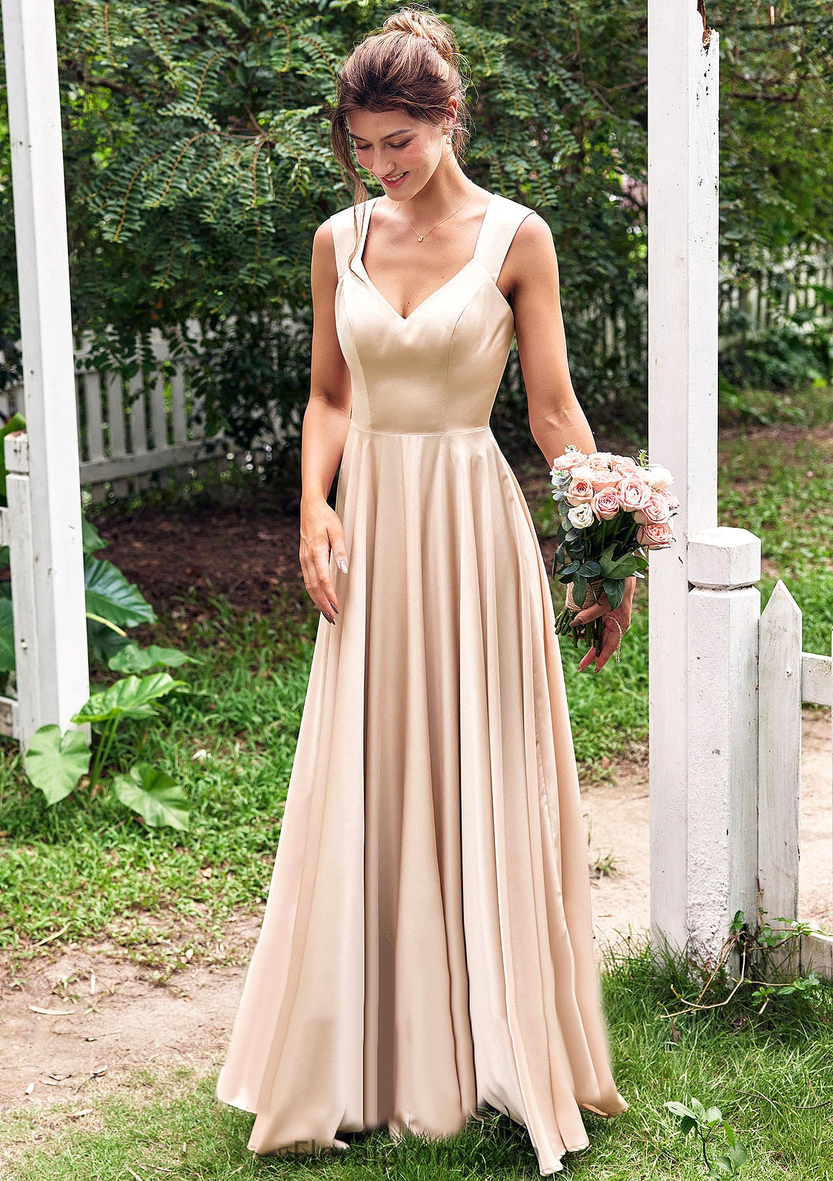 A-line V Neck Sleeveless Floor-Length Stretch Satin Bridesmaid Dresses with Pleated Gwendolyn HJP0025266