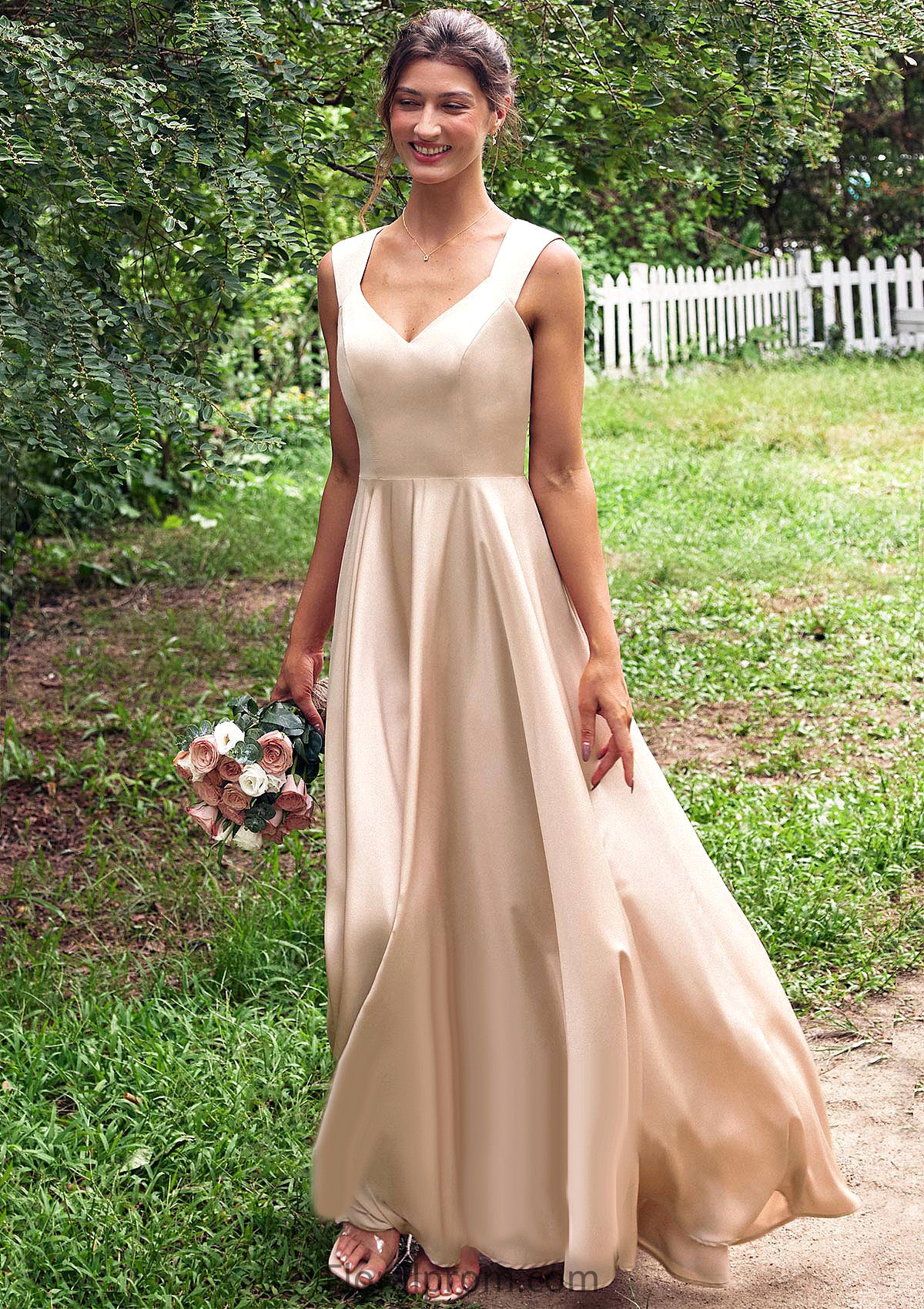 A-line V Neck Sleeveless Floor-Length Stretch Satin Bridesmaid Dresses with Pleated Gwendolyn HJP0025266