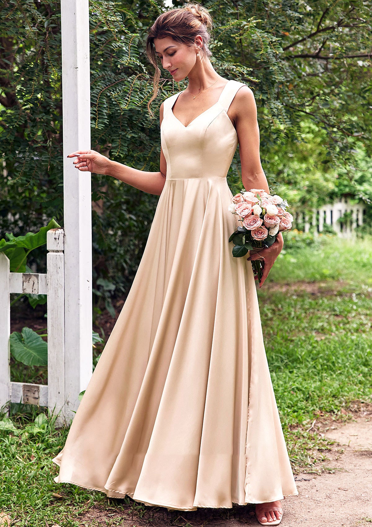 A-line V Neck Sleeveless Floor-Length Stretch Satin Bridesmaid Dresses with Pleated Gwendolyn HJP0025266