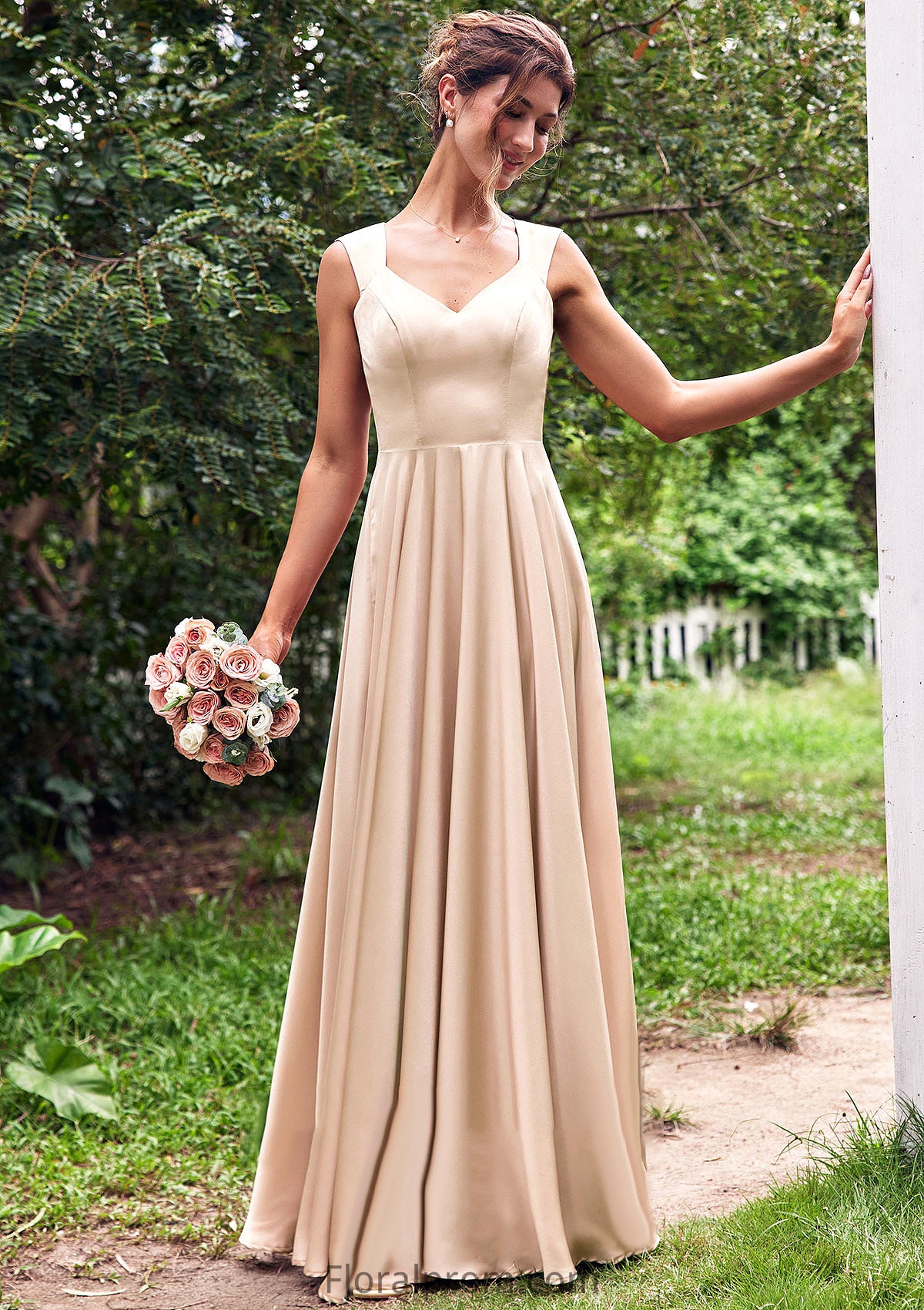 A-line V Neck Sleeveless Floor-Length Stretch Satin Bridesmaid Dresses with Pleated Gwendolyn HJP0025266