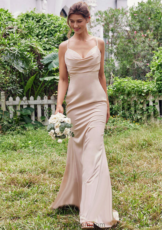 Sheath/Column V Neck Sleeveless Floor-Length Stretch Satin Bridesmaid Dresses with Pleated Emilie HJP0025267