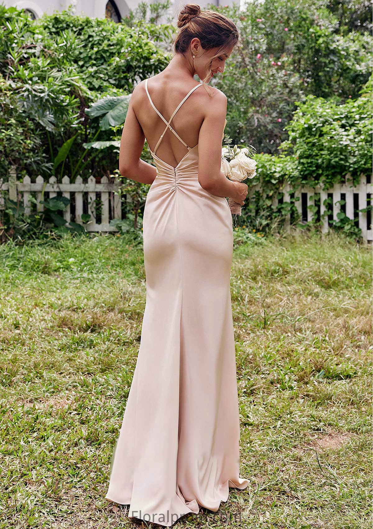 Sheath/Column V Neck Sleeveless Floor-Length Stretch Satin Bridesmaid Dresses with Pleated Emilie HJP0025267