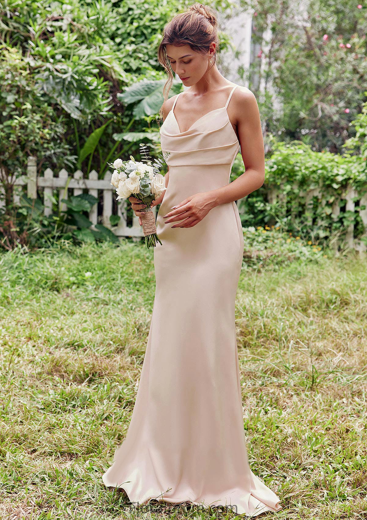 Sheath/Column V Neck Sleeveless Floor-Length Stretch Satin Bridesmaid Dresses with Pleated Emilie HJP0025267