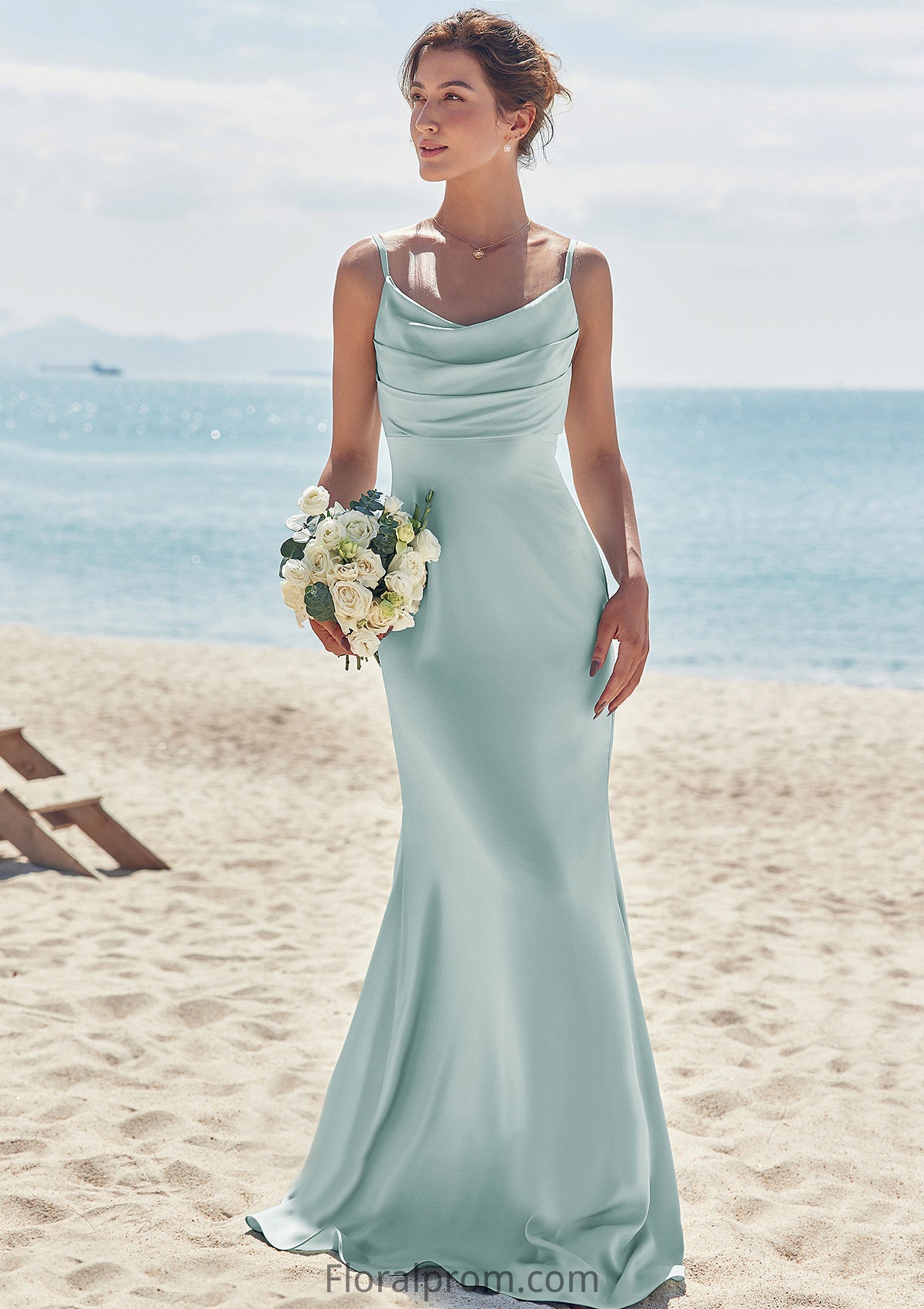 Sheath/Column V Neck Sleeveless Floor-Length Stretch Satin Bridesmaid Dresses with Pleated Marissa HJP0025268