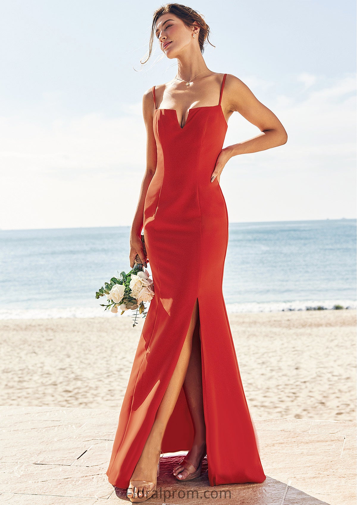 Trumpet/Mermaid V Neck Sleeveless Floor-Length Stretch Crepe Bridesmaid Dresses with Split Michelle HJP0025269