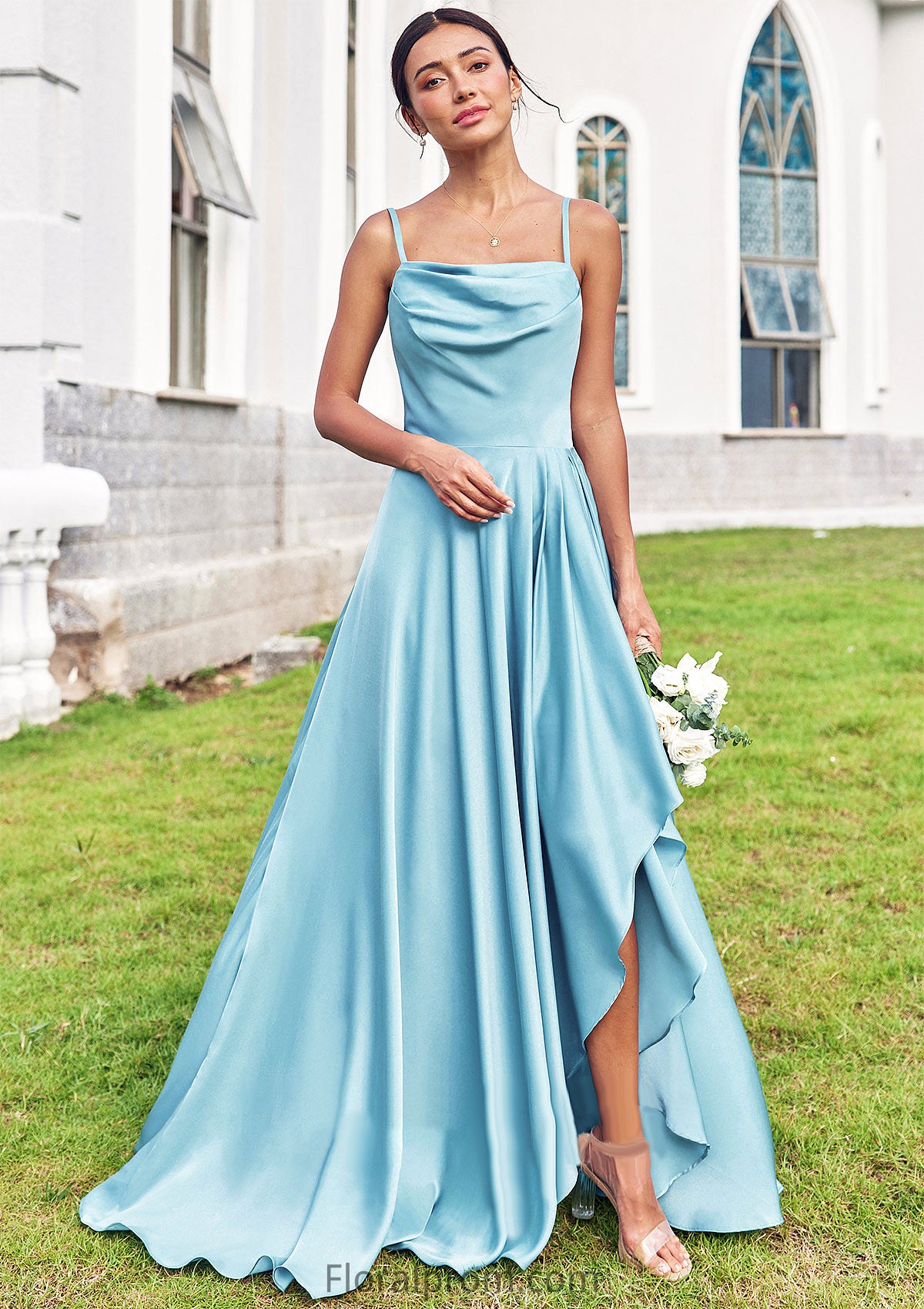 A-line Cowl Neck Sleeveless Floor-Length Stretch Satin Bridesmaid Dresses with Pleated Ruffles Split Riley HJP0025270