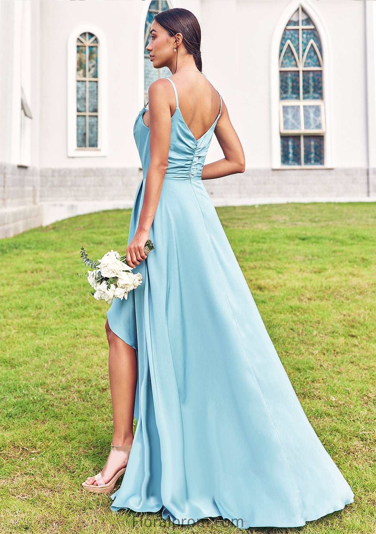 A-line Cowl Neck Sleeveless Floor-Length Stretch Satin Bridesmaid Dresses with Pleated Ruffles Split Riley HJP0025270