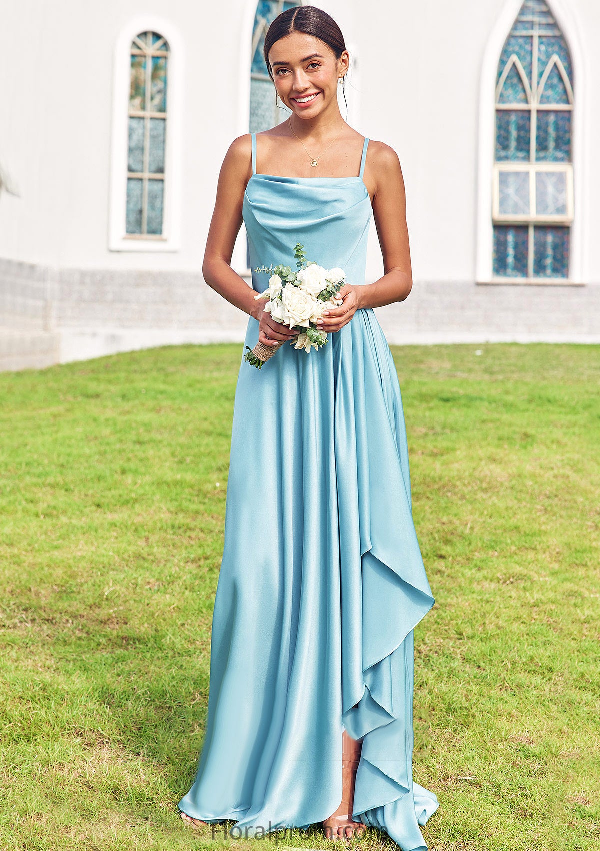 A-line Cowl Neck Sleeveless Floor-Length Stretch Satin Bridesmaid Dresses with Pleated Ruffles Split Riley HJP0025270