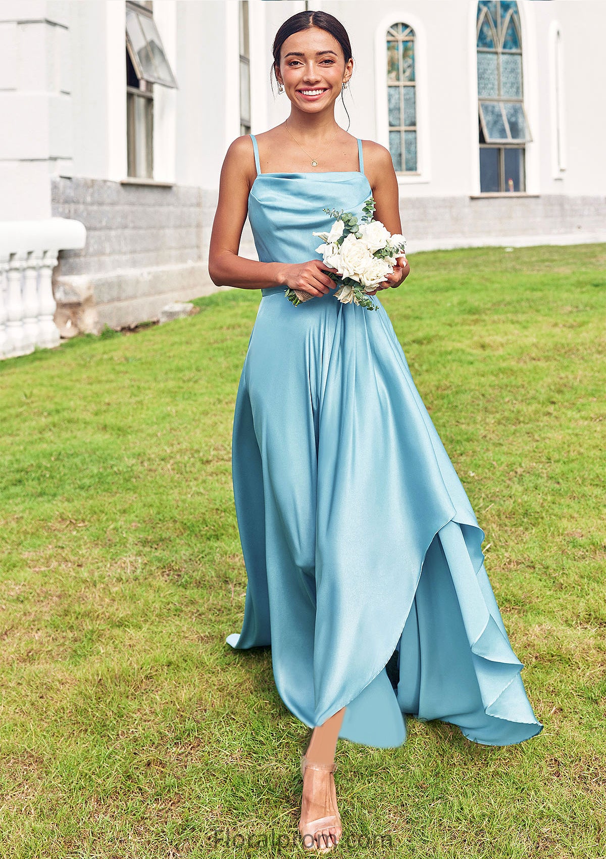 A-line Cowl Neck Sleeveless Floor-Length Stretch Satin Bridesmaid Dresses with Pleated Ruffles Split Riley HJP0025270