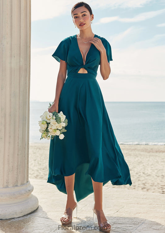 A-line V Neck Short Sleeve Asymmetrical Stretch Satin Bridesmaid Dresses with Bowknot Sashes Sonia HJP0025272