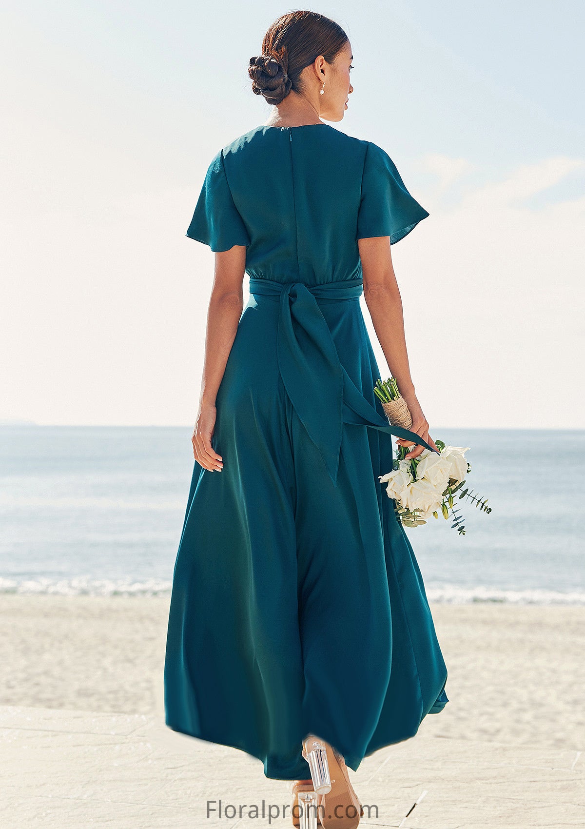 A-line V Neck Short Sleeve Asymmetrical Stretch Satin Bridesmaid Dresses with Bowknot Sashes Sonia HJP0025272