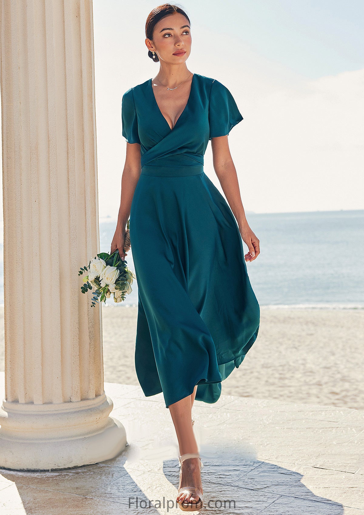 A-line V Neck Short Sleeve Asymmetrical Stretch Satin Bridesmaid Dresses with Bowknot Sashes Sonia HJP0025272