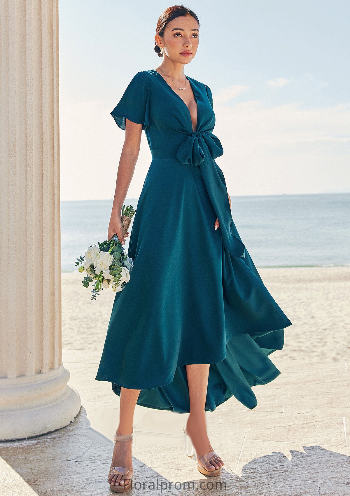 A-line V Neck Short Sleeve Asymmetrical Stretch Satin Bridesmaid Dresses with Bowknot Sashes Sonia HJP0025272