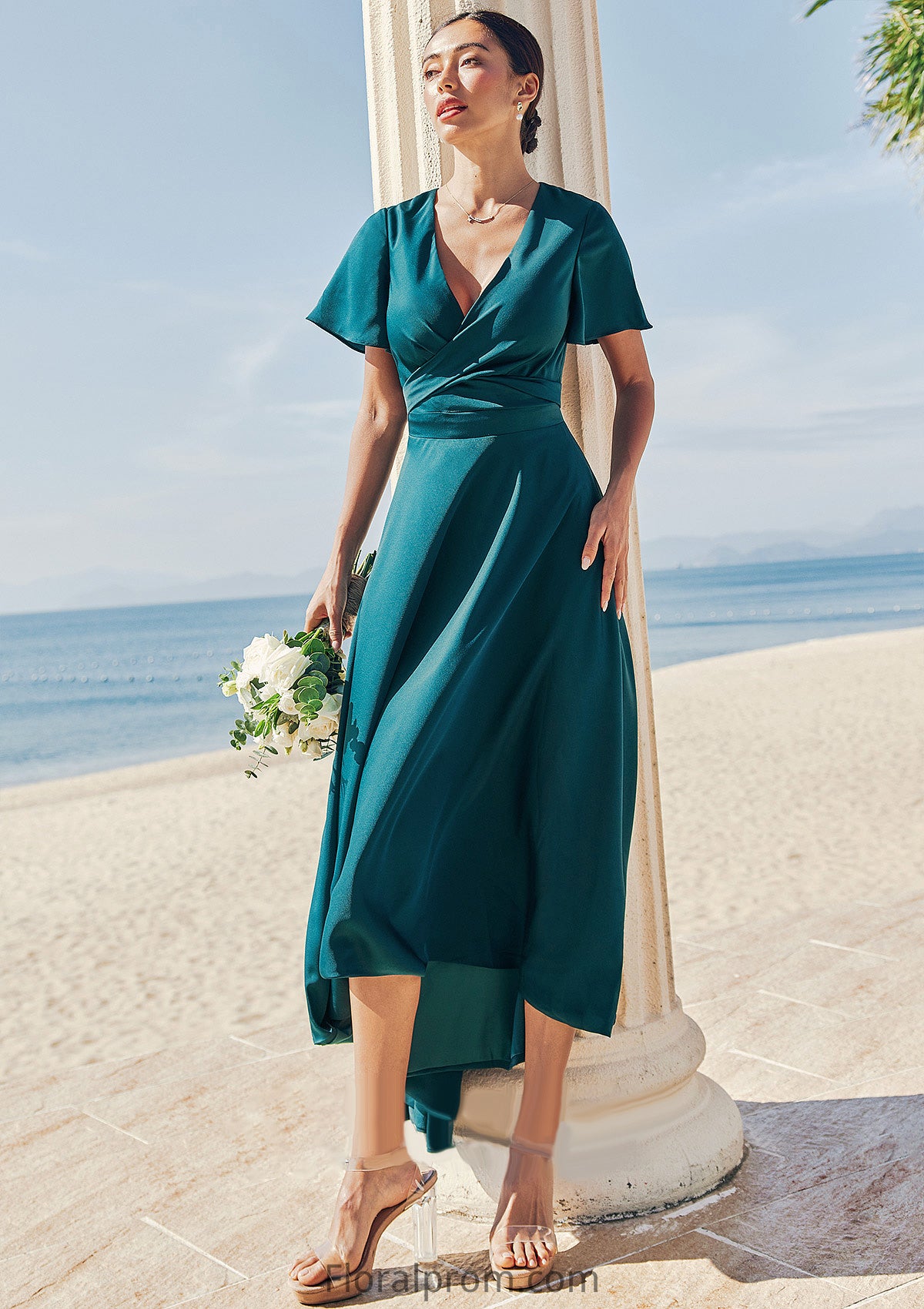 A-line V Neck Short Sleeve Asymmetrical Stretch Satin Bridesmaid Dresses with Bowknot Sashes Sonia HJP0025272